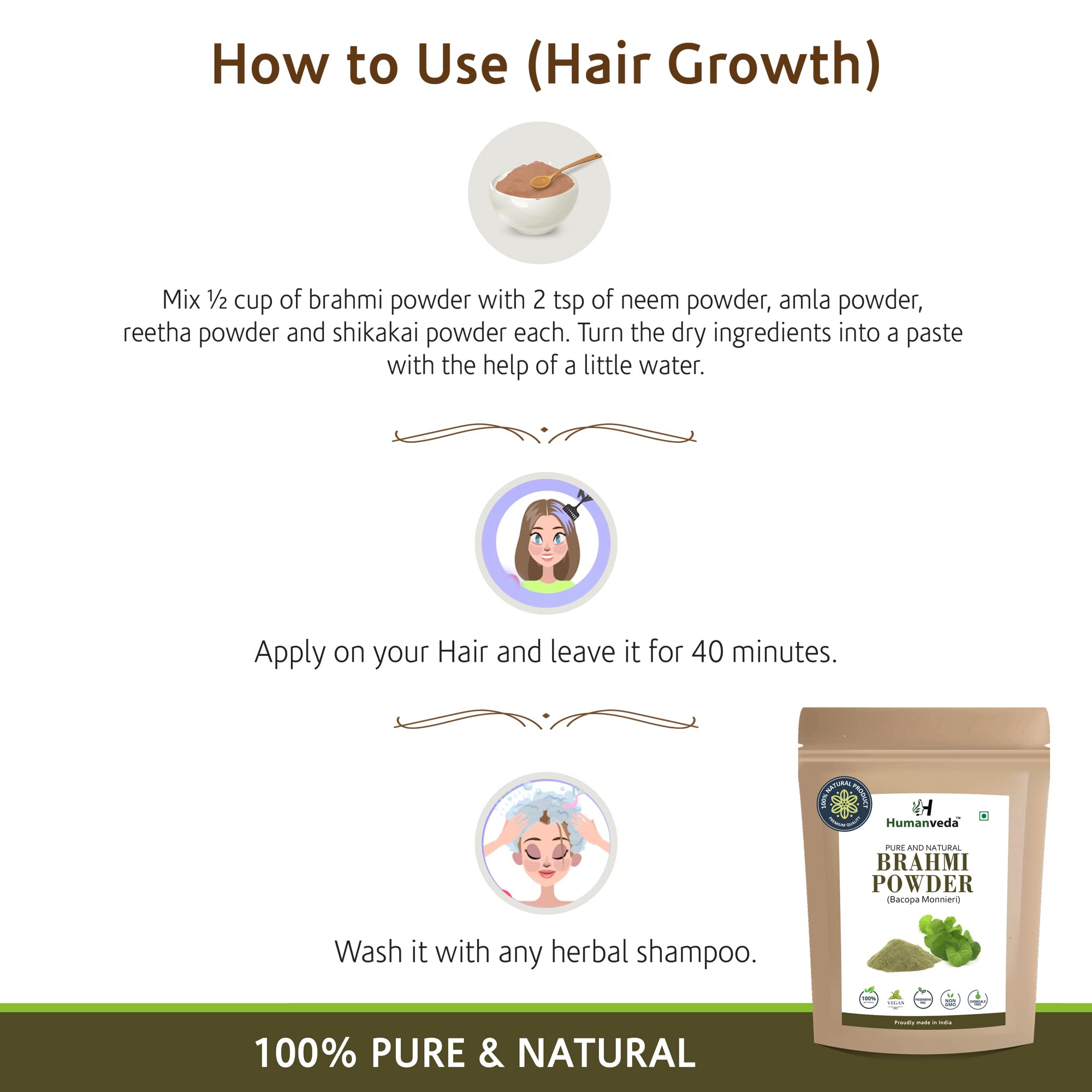 Humanveda Natural Brahmi Powder for Hair Cleanser & Skin Care | Bacopa Monnieri Extract | 200g (2x100g) | Promotes Healthy Hair Growth & Glowing Skin | Ayurvedic Herbal Supplement for Hair Wash, Face Mask & Scalp Treatment