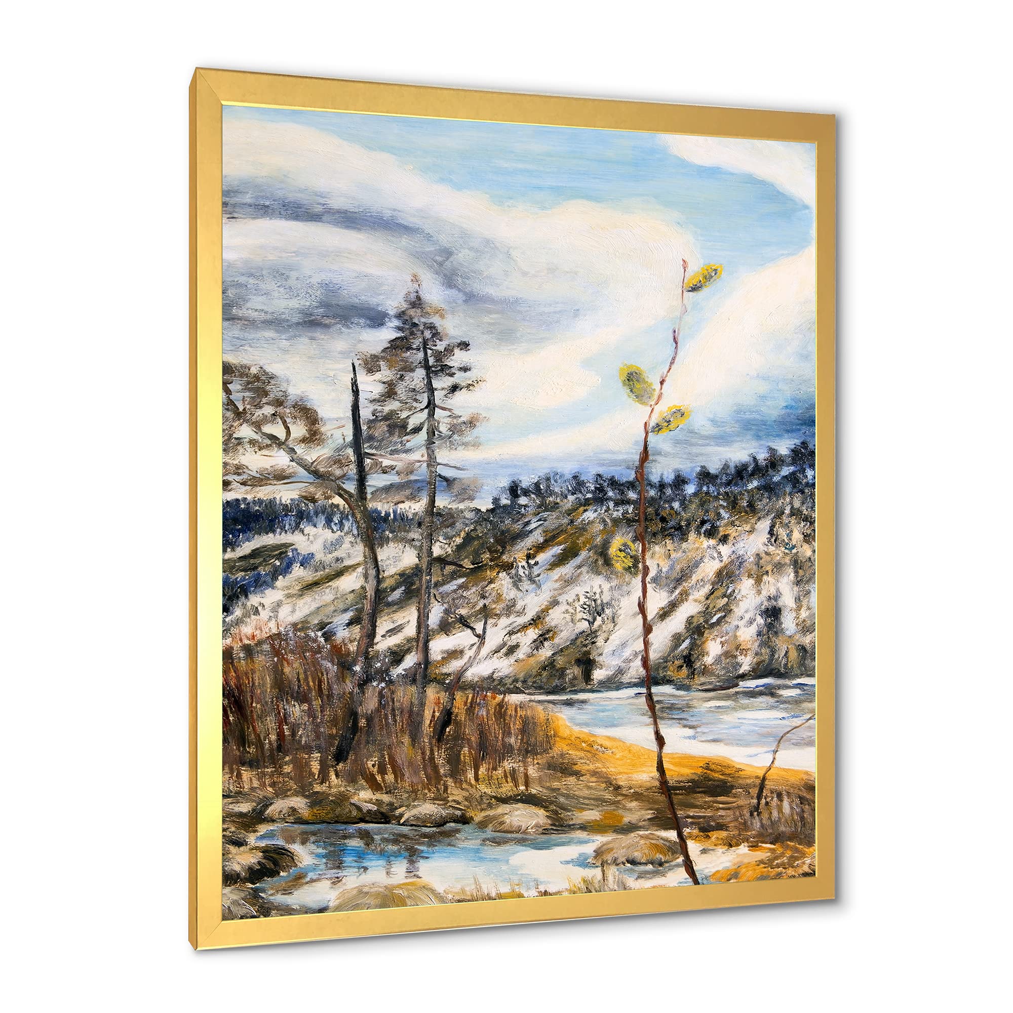 Spring Landscape with Cloudy Sky and River Lake House Framed Wall Art - Nature Themed Home Decor for Living Room, Bedroom & Office