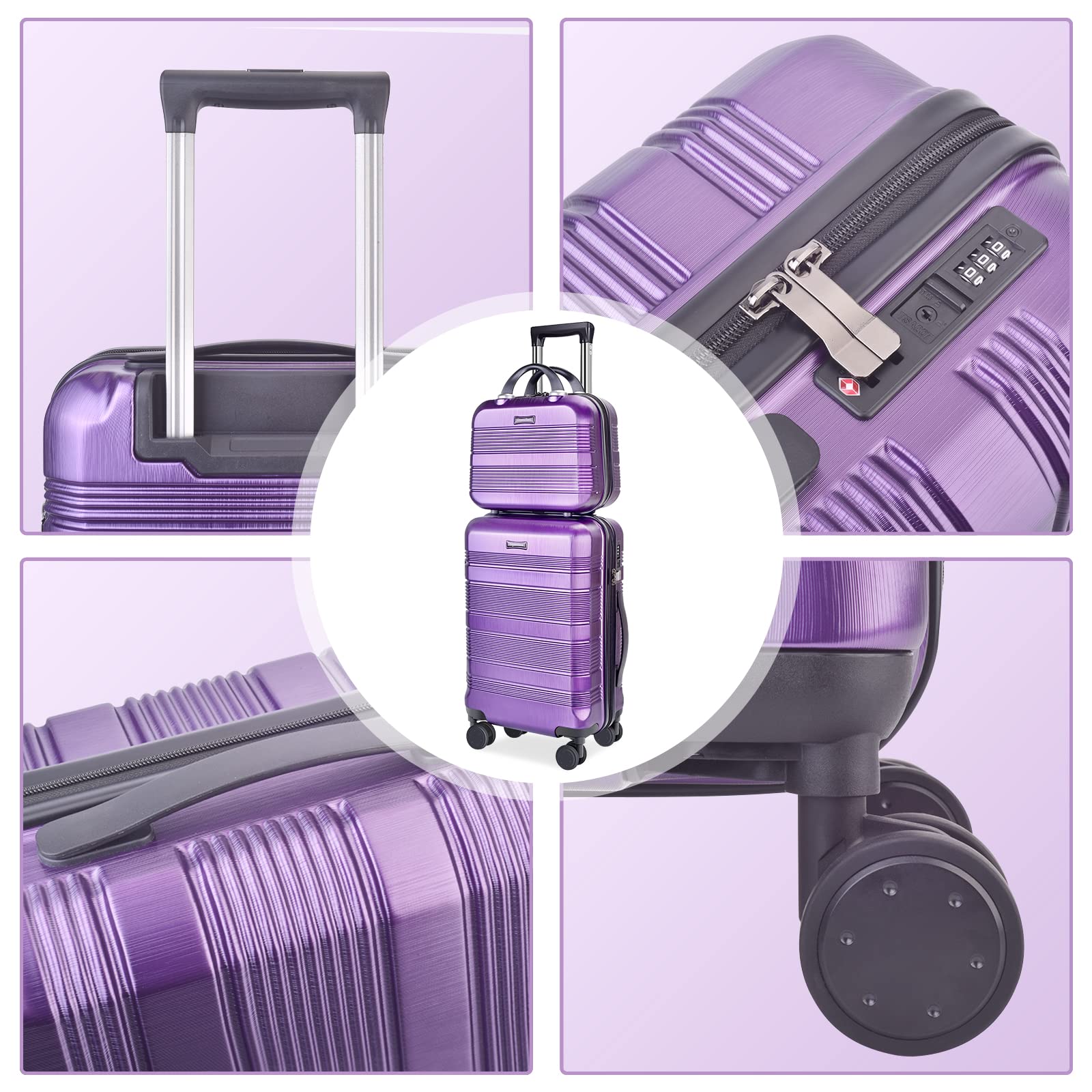 TSA Approved 22x14x9 Inch Carry On Luggage Set - 2 Piece Hard Shell Spinner Suitcase with PC+ABS Material & 360° Wheels (14/20) - Purple | Perfect for Business Travel & Weekend Getaways