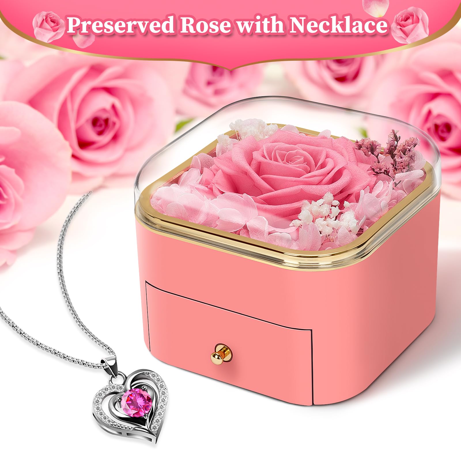 LURLIN Preserved Rose Gift Box with Necklace - Eternal Birthday, Anniversary, Mother's Day Gift for Women, Mom, Wife, Grandma, Teacher, Nurse | Perfect for Special Occasions & Home Decor
