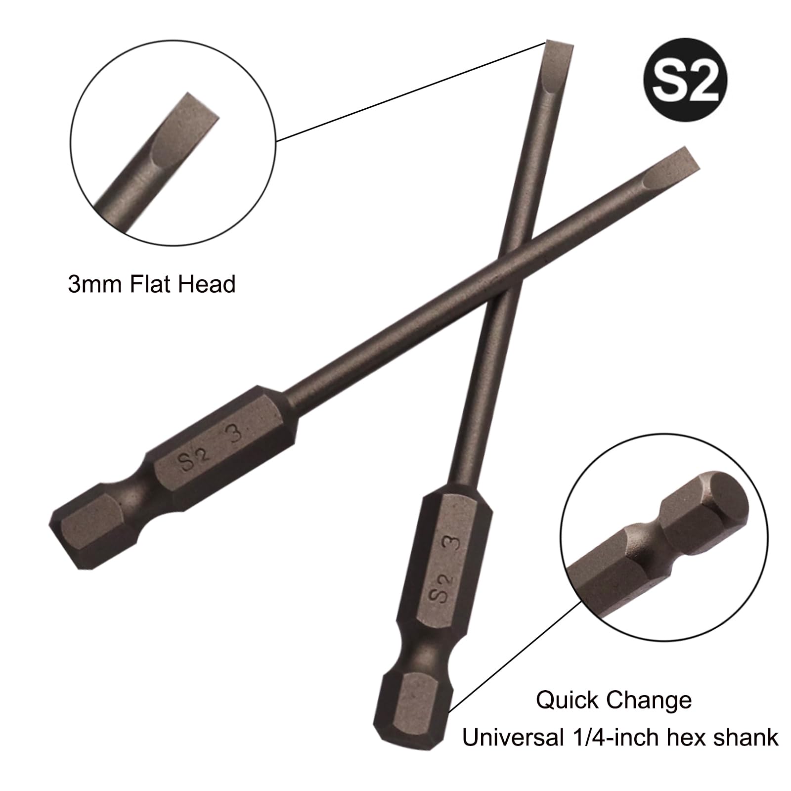 10Pcs 3mm Flat Head Screwdriver Bits - Magnetic Slotted Tip, 1/4