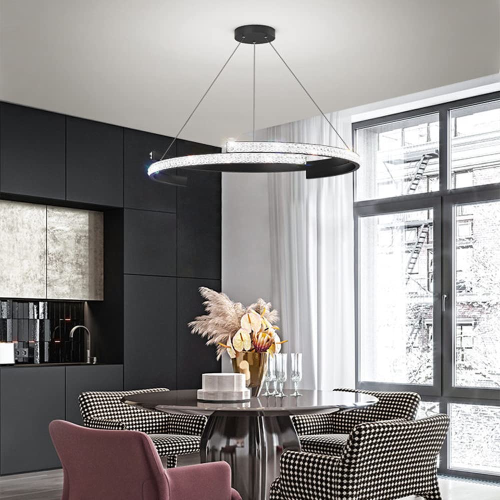 DAPERCI Modern Black Crystal Chandelier - 12-Light LED Round Pendant Lighting Fixture for Dining Room, Kitchen, Living Room & Bedroom - Elegant Ceiling Hanging Light for Home Decor, Wedding & Restaurant Use