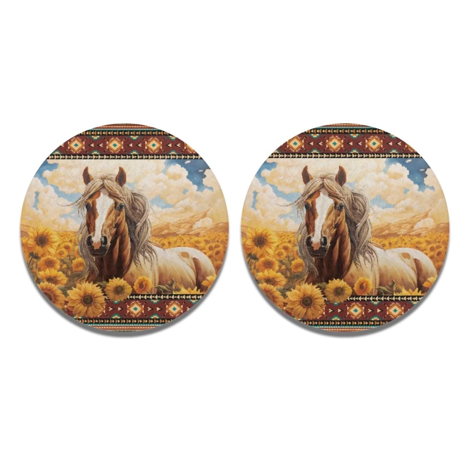 INSTANTARTS Aztec Horse Sunflower 2-Piece Non-Slip Car Cup Coasters - Absorbent Drink Coaster Mats for Hot & Cold Beverages - Perfect for Car, Office, Kitchen, and Living Room Use