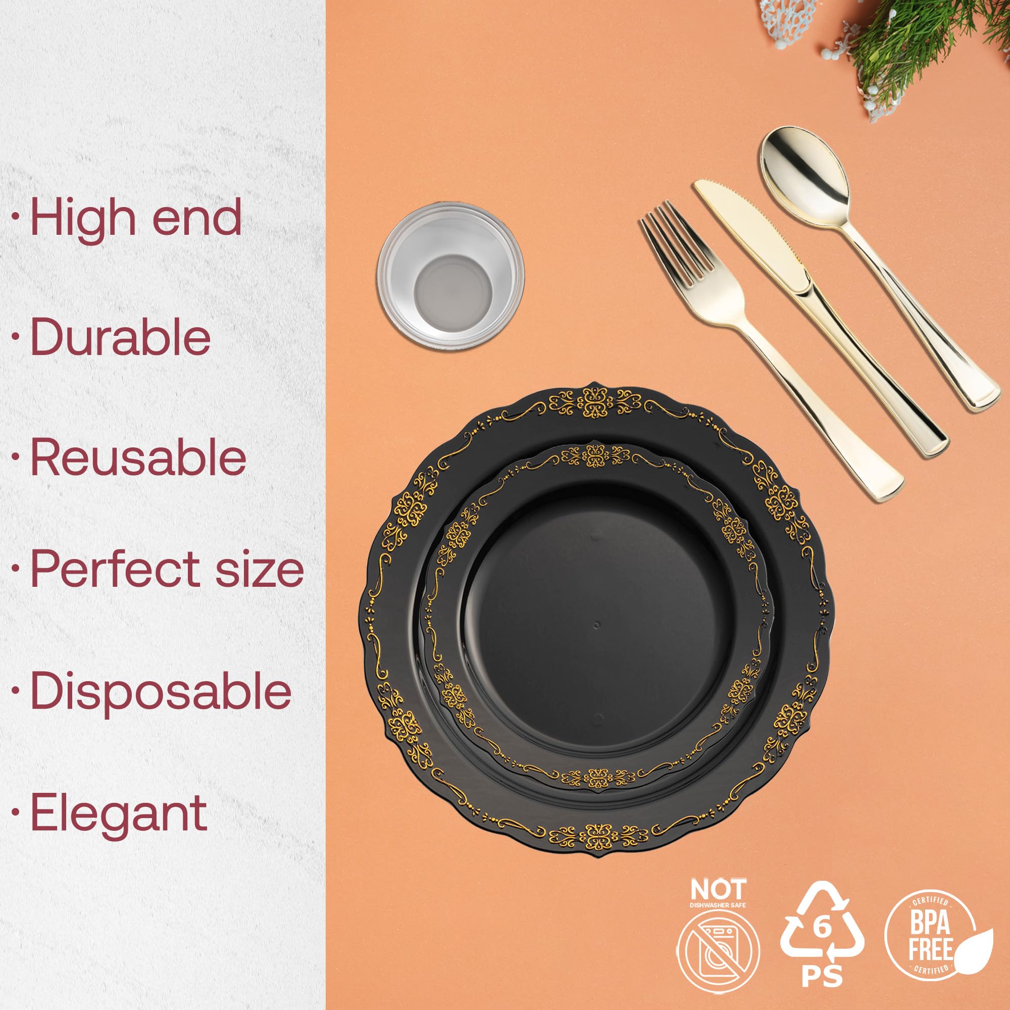 Elegant Black and Gold Plastic Dinner Plates Set for 120 Guests - Premium Gold Rimmed Plates, Silverware & Clear Cups - Perfect for Weddings, Parties, and Formal Events
