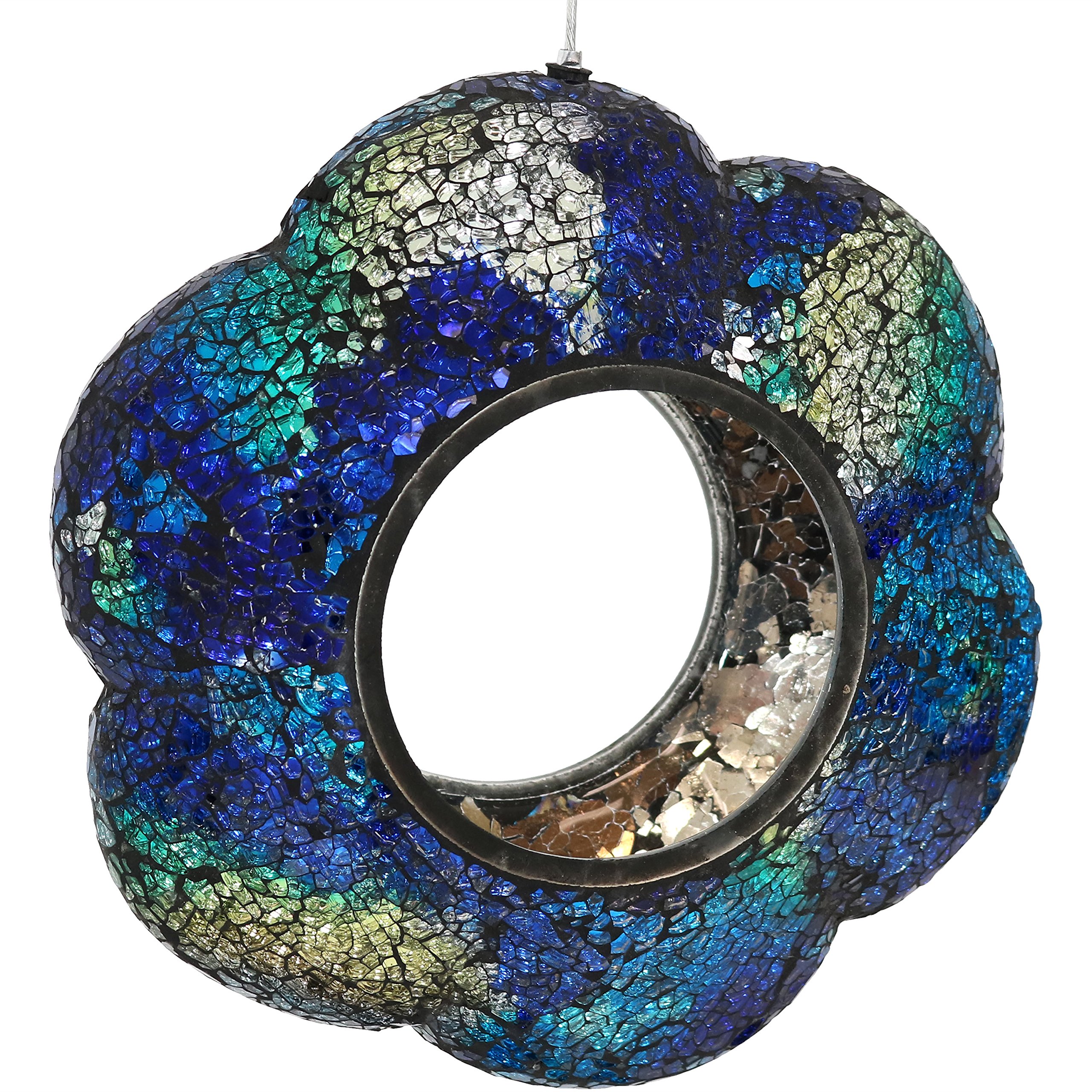 Sunnydaze 9-Inch Indigo Glass Flower Fly-Through Bird Feeder & 10-Inch Deep Ocean Swirl Blue Crackled Mosaic Gazing Globe Set - Outdoor Garden Decor for Birds & Aesthetic Landscaping