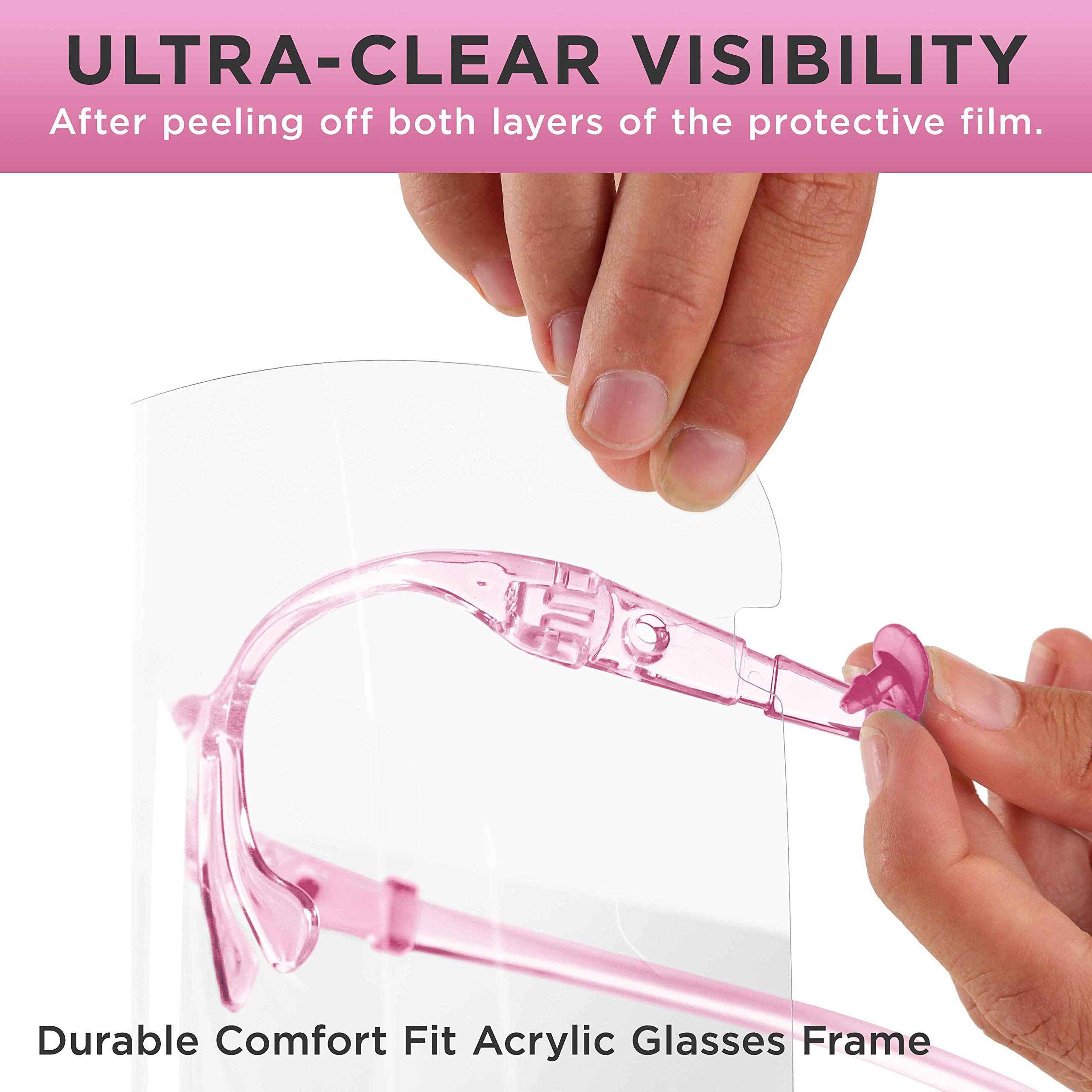 TCP Global Salon World Safety Face Shields with Pink Glasses Frames (500-Pack) - Clear Full Face Protection for Eyes, Nose & Mouth - Anti-Fog PET Plastic Shields - Ideal for Salons, Healthcare & Industrial Use