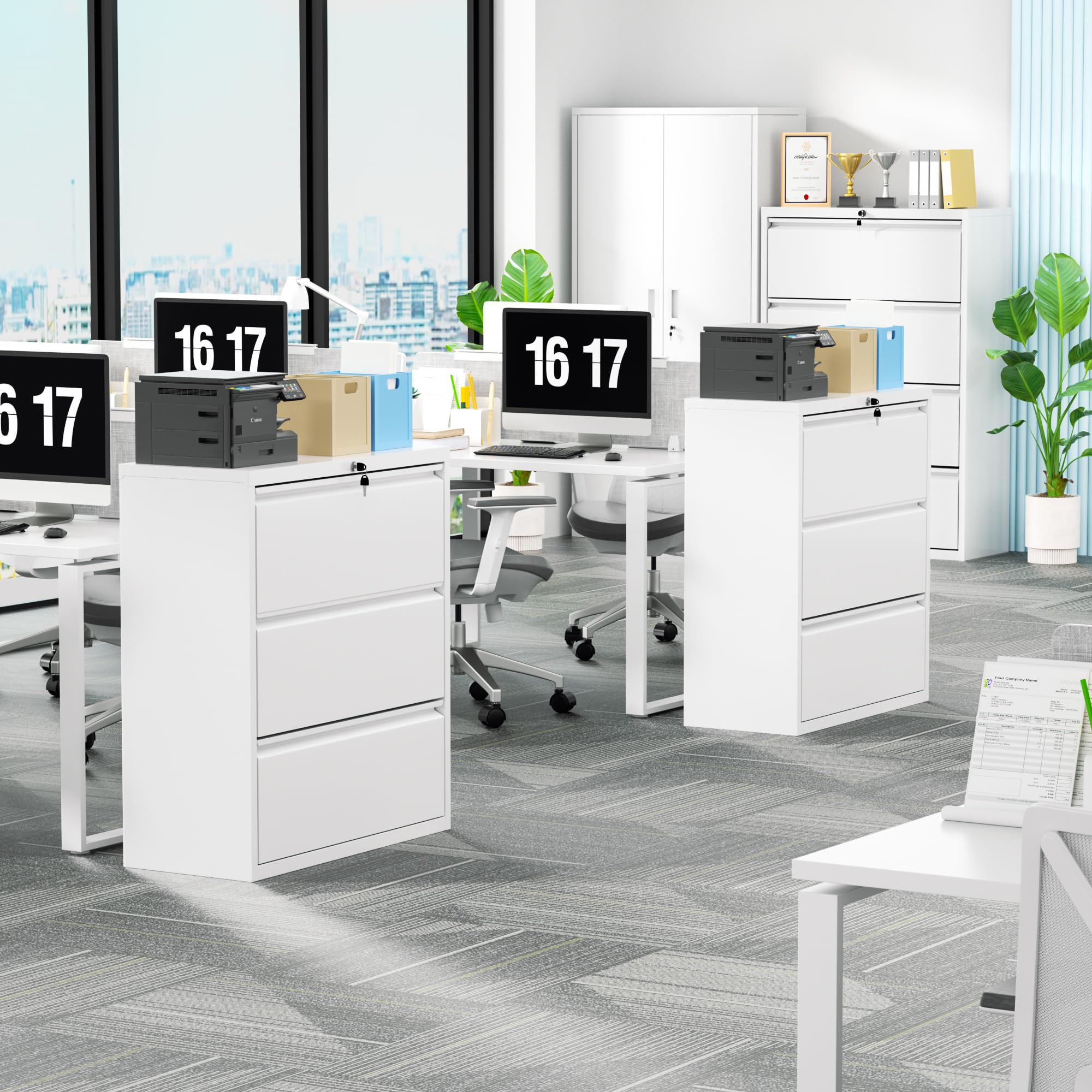 Bonusall 3-Drawer Locking Lateral File Cabinet - White Metal Office Storage with Keys for Documents, Folders & Supplies | Perfect for Home Office, Business & School Organization