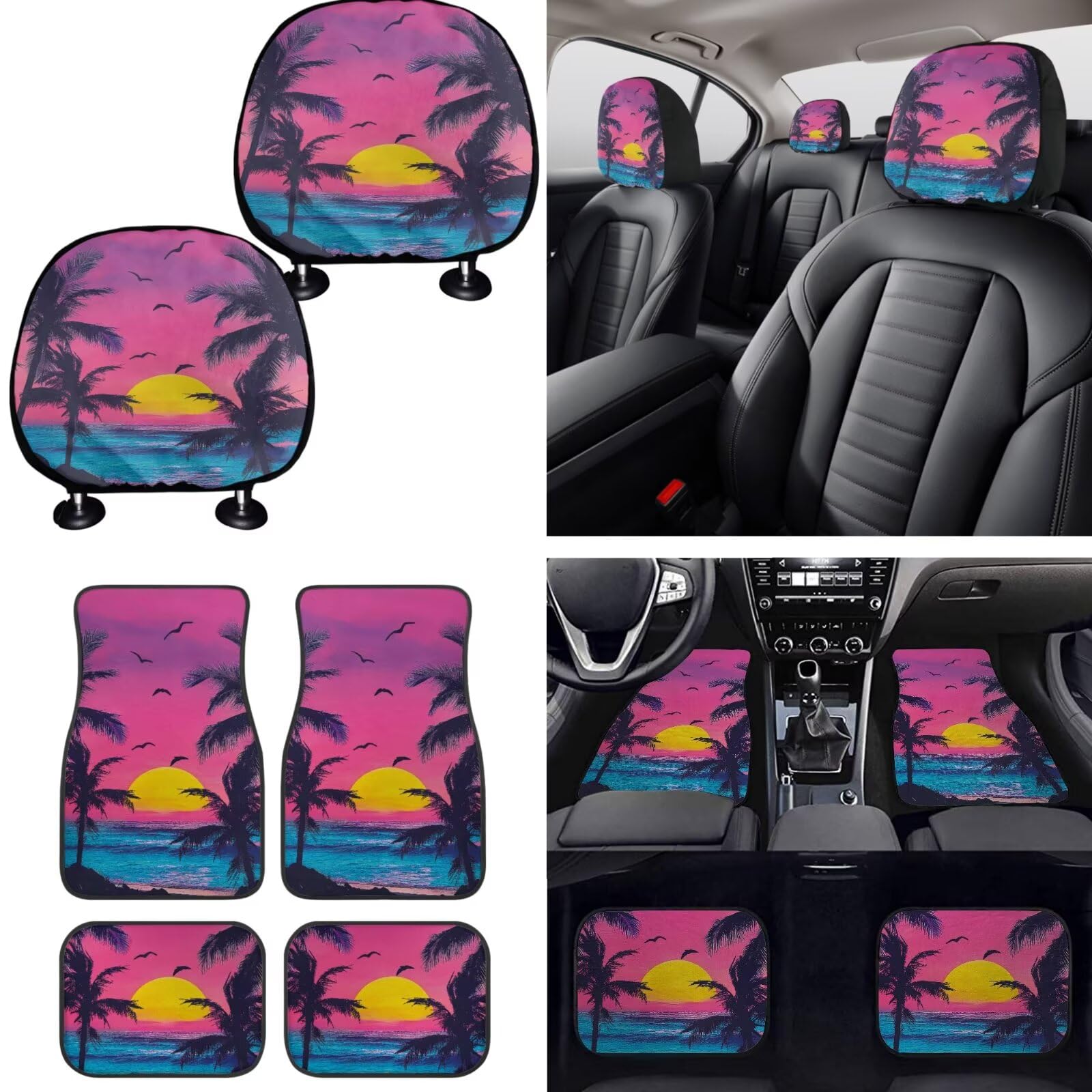 Pensura Beach Sunset Palm Tree Universal Car Seat Covers - Fits Most Sedans, SUVs & Vans - Front & Rear Bench Protector with Steering Wheel Cover & Headrest Covers - Complete Car Interior Set for Beach Trips & Summer Road Travel