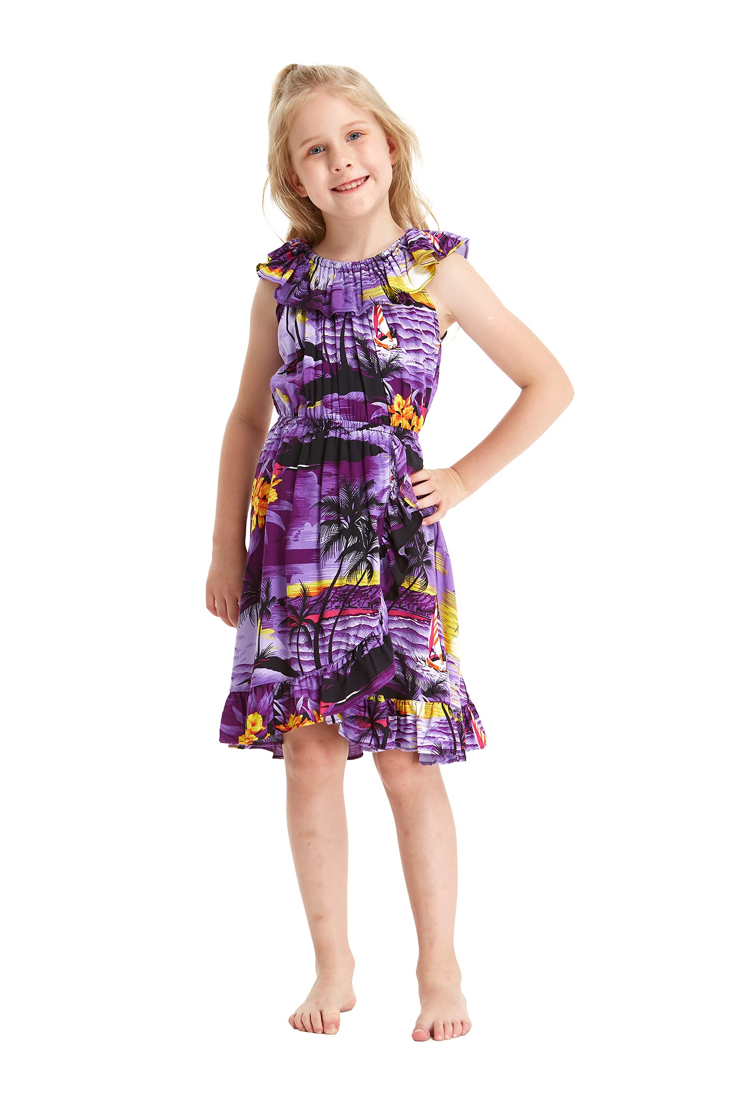 Sunset Hawaiian Luau Dress with Ruffle Wrap for Girls | Beach Party