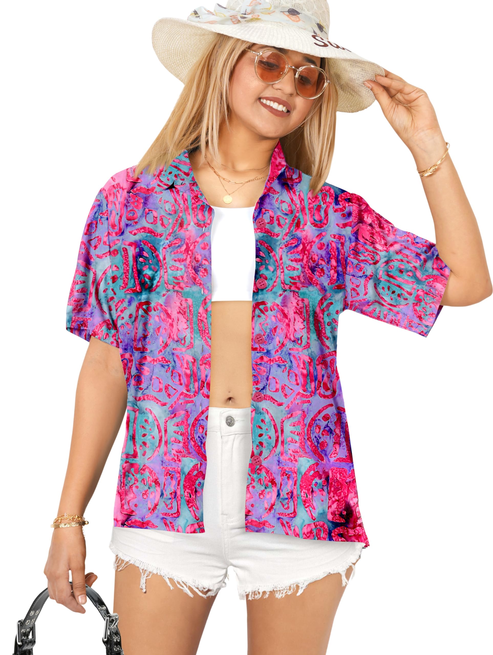 Happy Bay Women's Short Sleeve Hawaiian Shirt - Floral Print Beach Blouse for Vacation, Summer Outfits & Tropical Party Wear