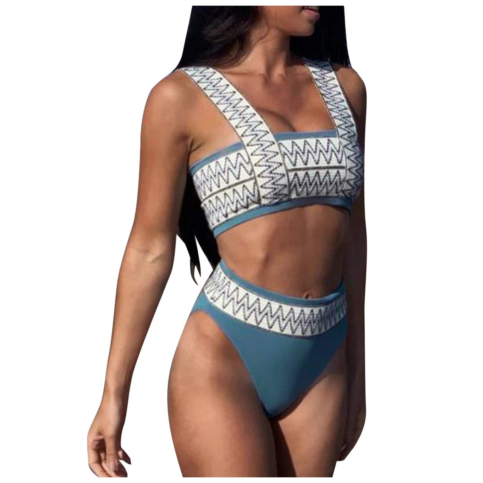 Plus Size Women's Sexy Striped Bikini Swimsuit - Tummy Control High Waisted Two Piece Bathing Suit for Beach, Pool & Vacation