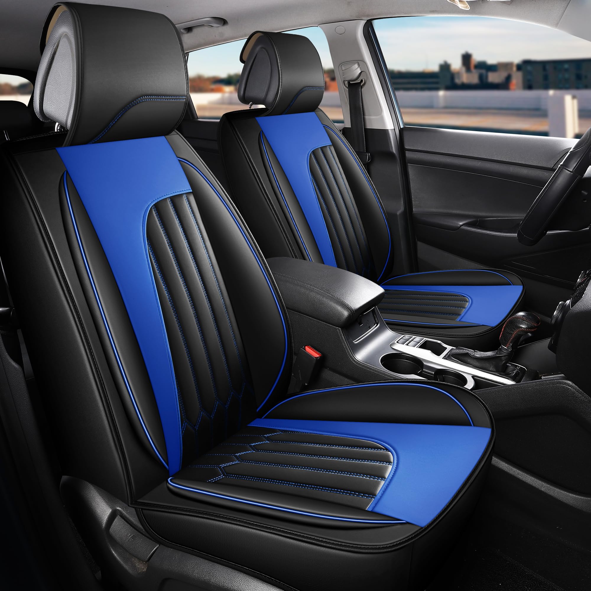 Premium Faux Leather Car Seat Covers Full Set - Universal Waterproof Seat Protectors for Sedan, SUV & Pickup Trucks (Black/Blue) | Durable Auto Interior Accessories for Commuting, Road Trips & Family Protection