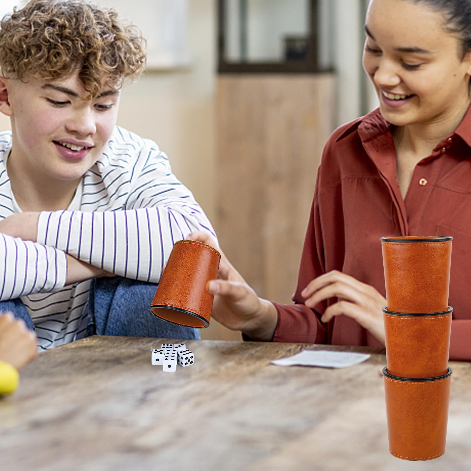 Premium PU Leather Dice Cup Set with Soft Felt Lining - 6 Quiet Dice Shakers & 36 Dice for Yahtzee, Farkle, Bar Parties & Family Game Nights - Elegant Brown Gaming Accessories (Perfect for Tabletop Games, Casino Nights & Travel Entertainment)