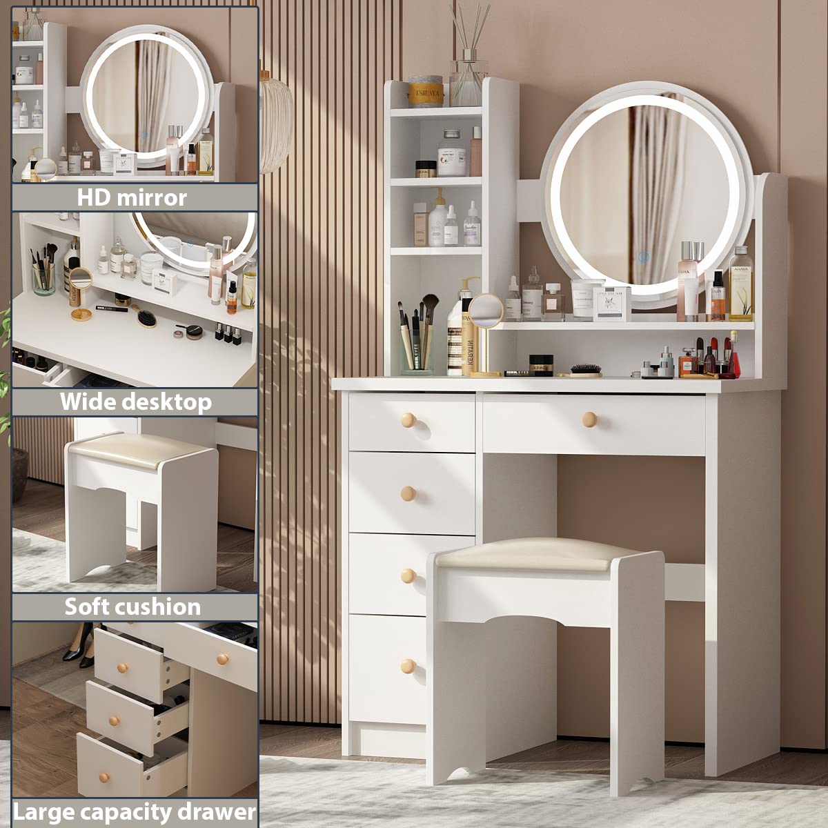 White Makeup Vanity Set with 5 Drawers, Shelf & Touch Screen LED Mirror - Includes Cushioned Stool for Bedroom | Perfect for Beauty Routine, Dressing Area & Home Decor