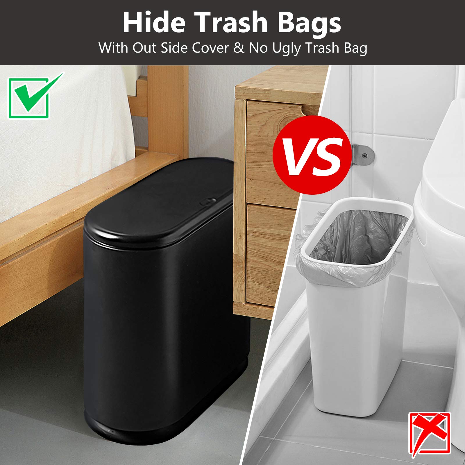AIFUSI 10L / 2.4 Gallon Slim Plastic Trash Can with Press Top Lid - White & Black Waste Bin for Kitchen, Bathroom, Office | Space-Saving Garbage Container for Small Spaces & Narrow Corners