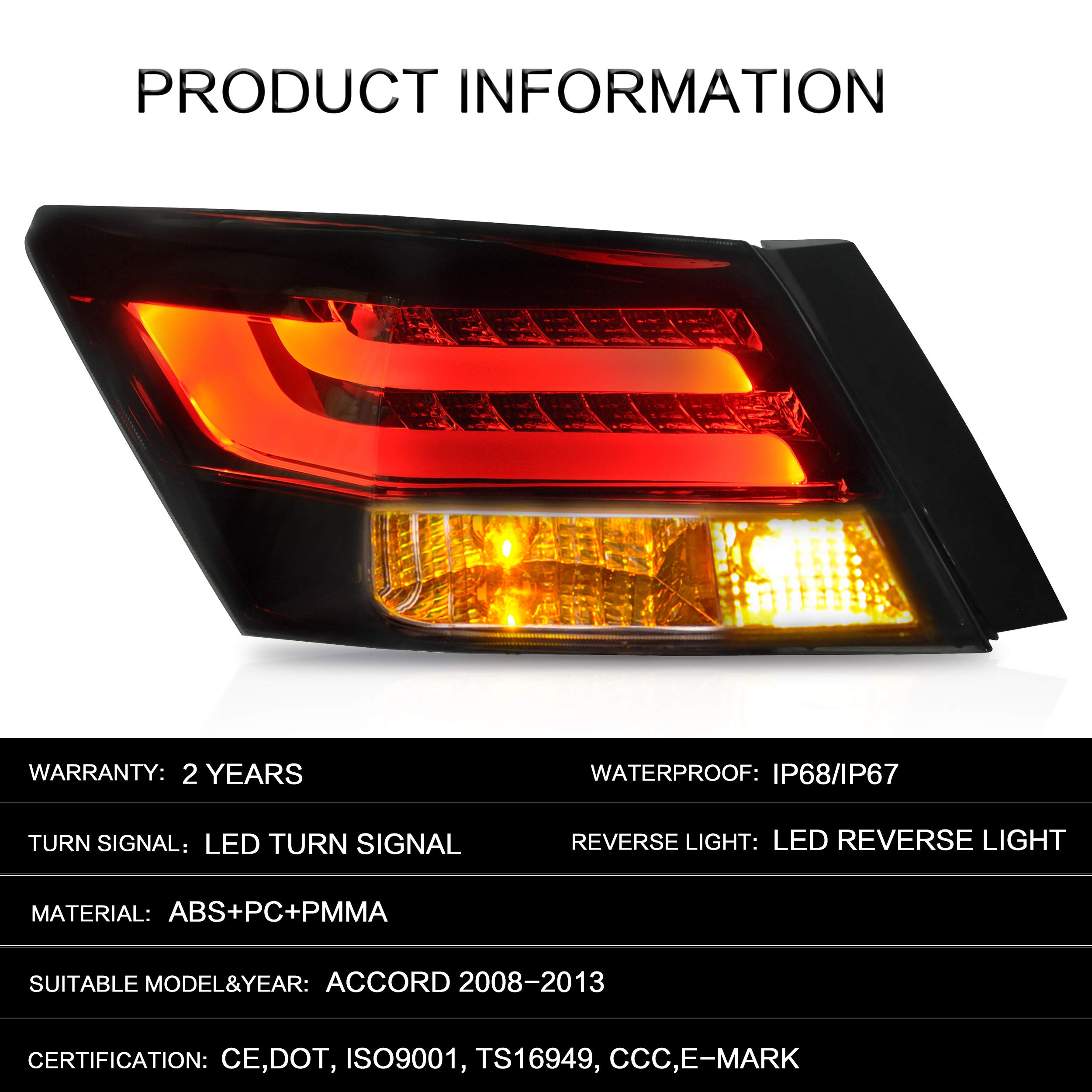 VLAND Smoked LED Tail Lights Assembly for Honda Accord Inspire 8th Gen Sedan 2008-2013 (2PCS) - Not for Coupe | Enhanced Style & Night Visibility for Daily Driving & Custom Car Shows