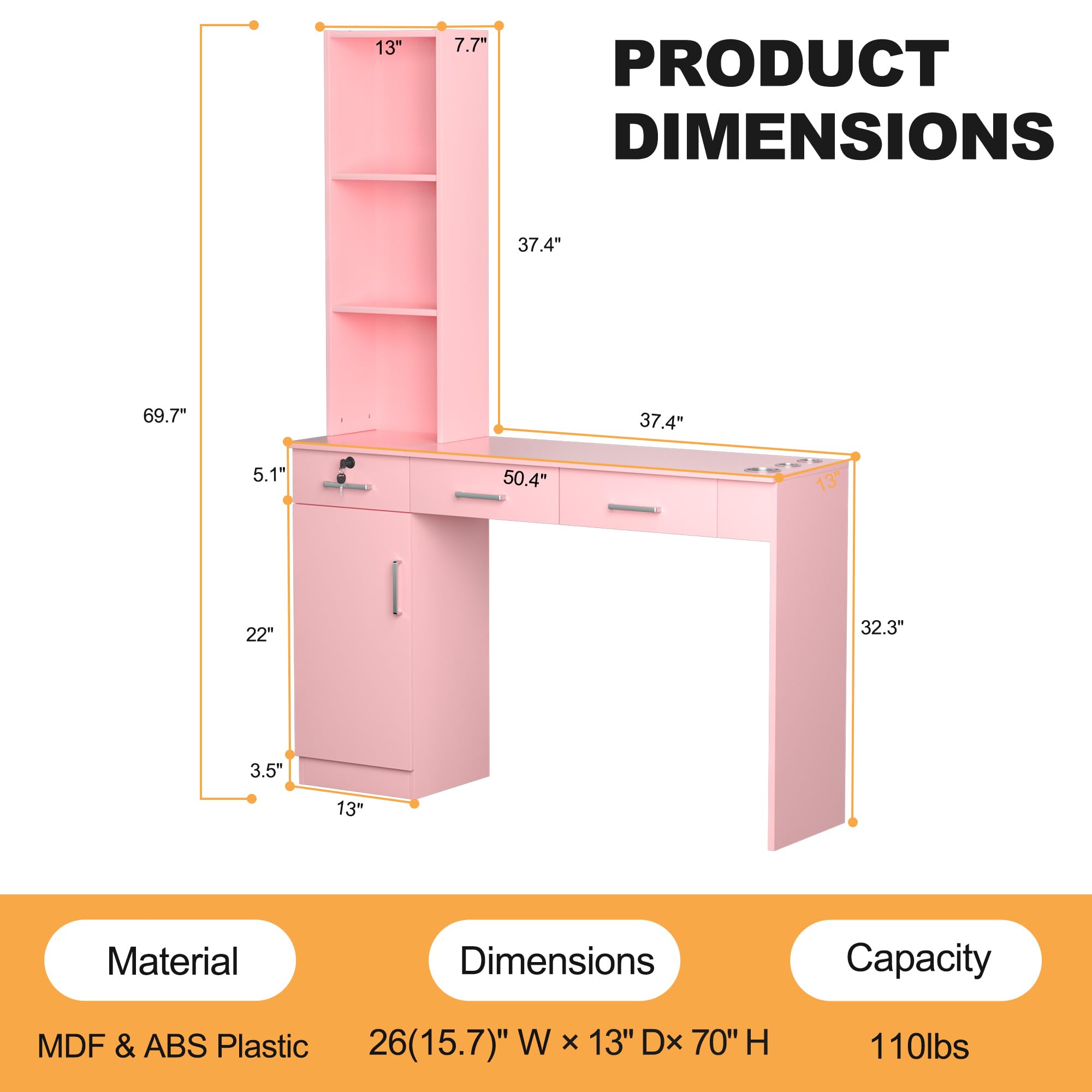 Professional Barber Salon Work Station - Hair Stylist Organizer Cabinet with Storage for Home & Beauty Salon Equipment | Durable Barbershop Furniture in Pink | Perfect for Small Spaces & Mobile Stylists