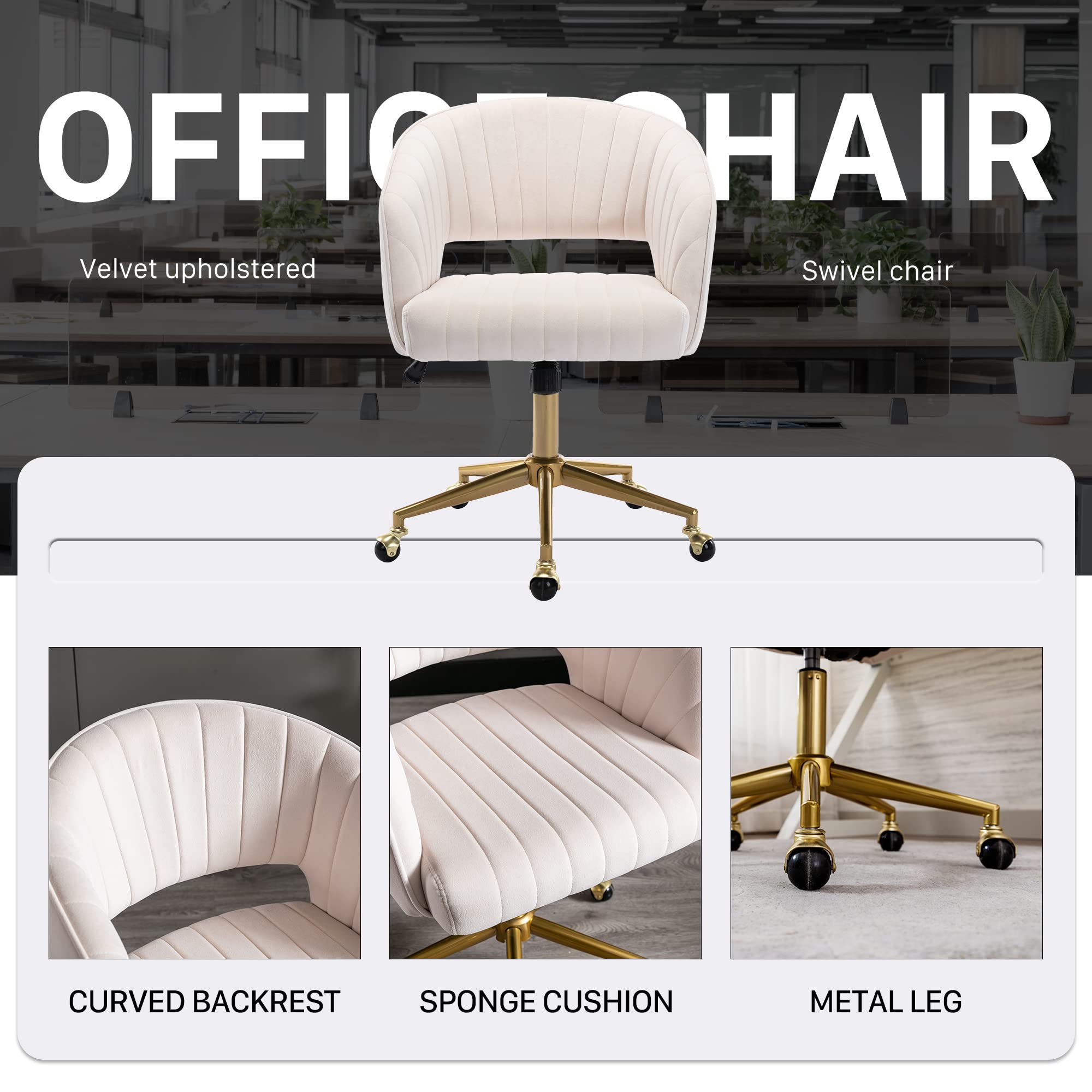 Ergonomic Velvet Swivel Office Chair with Gold Base - Modern Tufted Desk Chair for Women, Girls - Comfortable Computer Task Stool for Home Office, Study, Living Room (Cream) - Perfect for Remote Work, Gaming & Relaxation