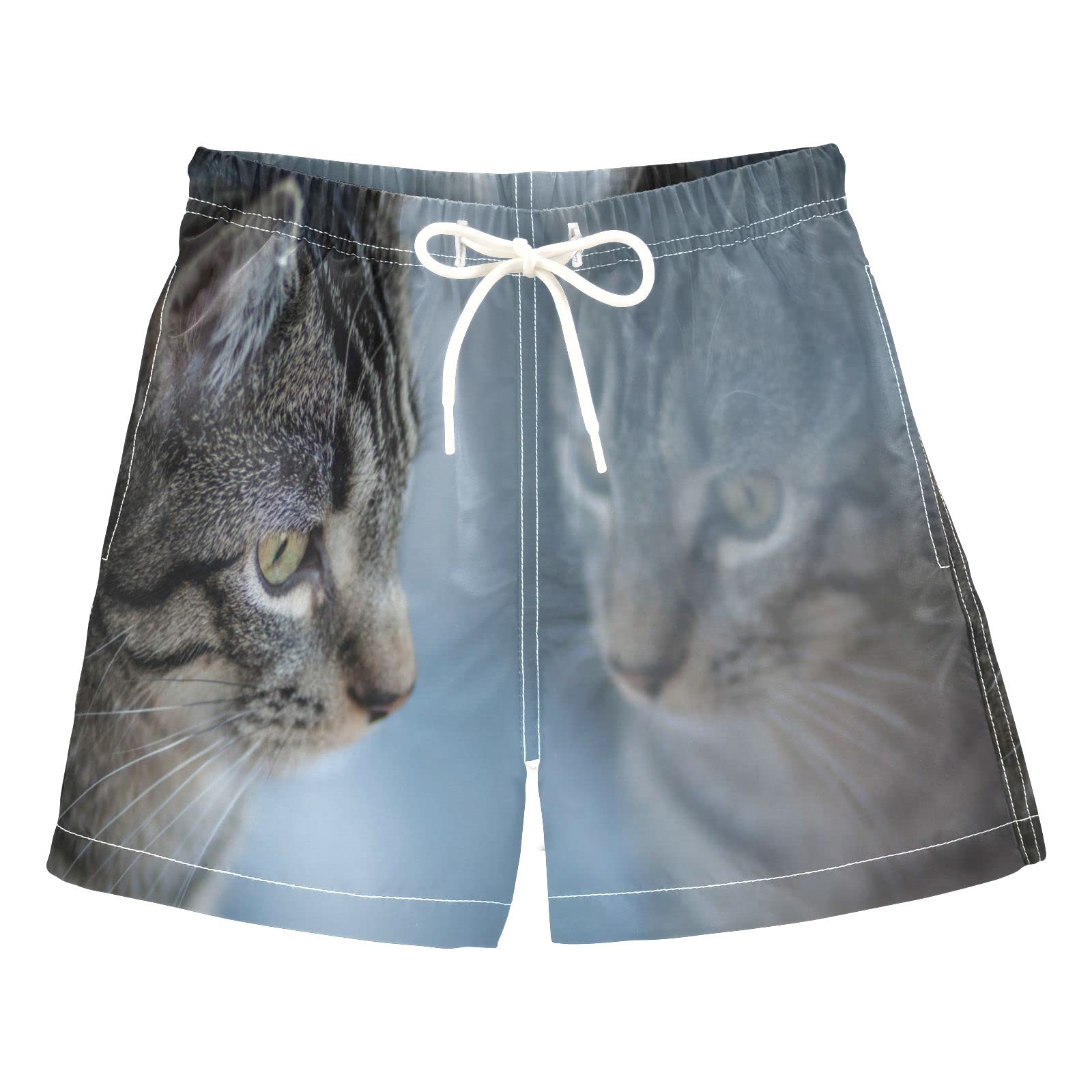 **Boys' Adjustable Drawstring Swim Trunks with Pockets - Cute Cat Reflection Beach Shorts for Toddlers - Perfect for Pool, Beach & Summer Play**