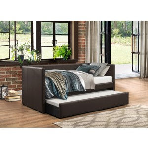 Adra Contemporary Dark Brown Trundle Bed with Storage - Modern Twin Daybed with Pull-Out Trundle for Guest Room, Small Space & Kids Bedroom