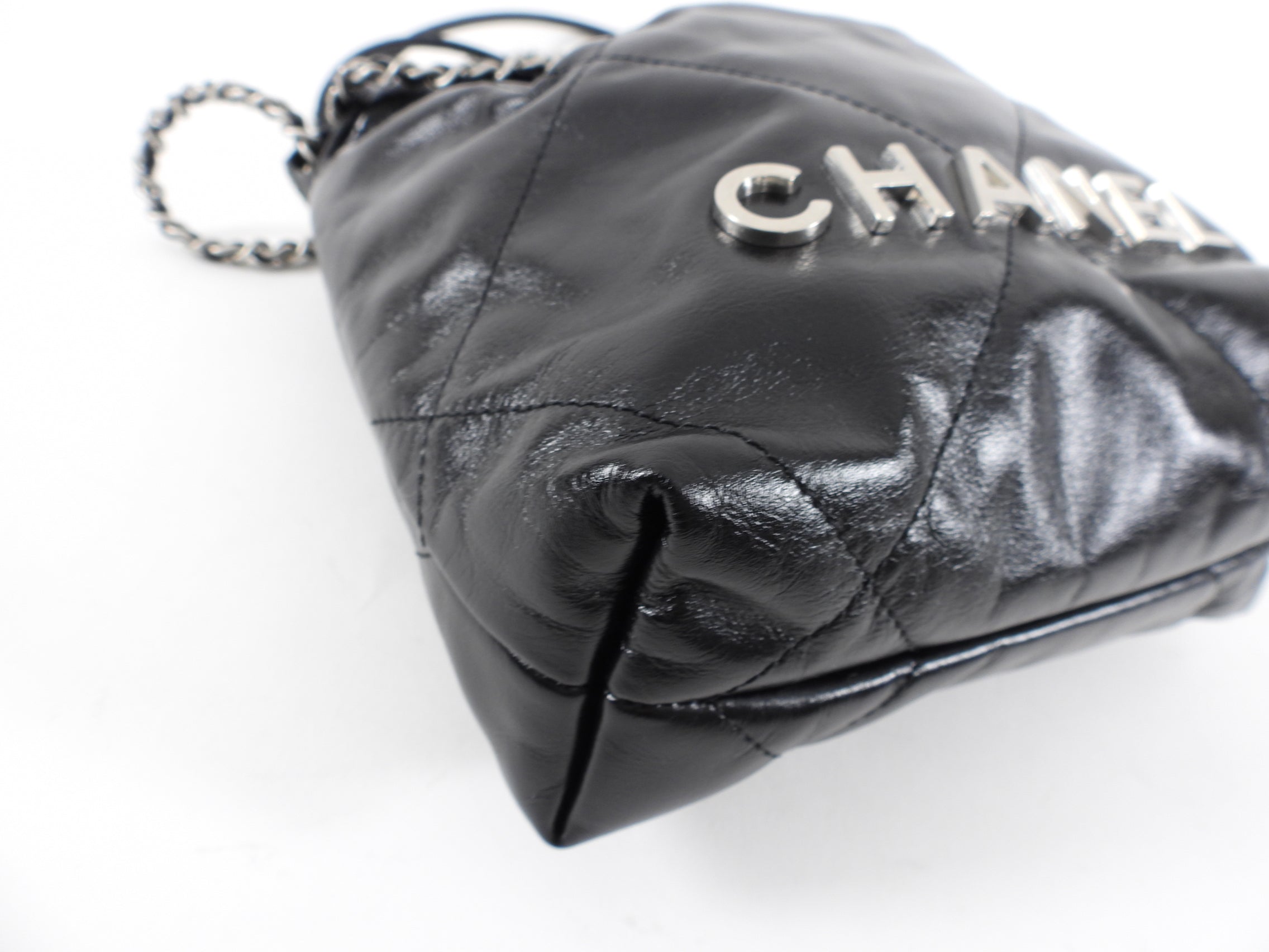 Chanel 22 Black Glossed Leather Mini Chain Bag with Logo - Luxury Designer Crossbody Purse for Women, Perfect for Evening Parties & Date Nights