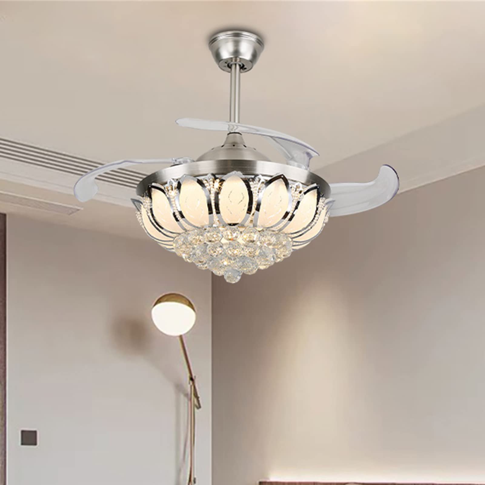 42 Inch Modern Luxury Crystal Ceiling Fan with Light - Remote Control, 3 Speeds & 3 Color Temperatures, Retractable Blades - Easy Installation for Living Room, Bedroom, Dining Room & Kitchen (Silver) - Perfect for Home Cooling and Ambient Lighting