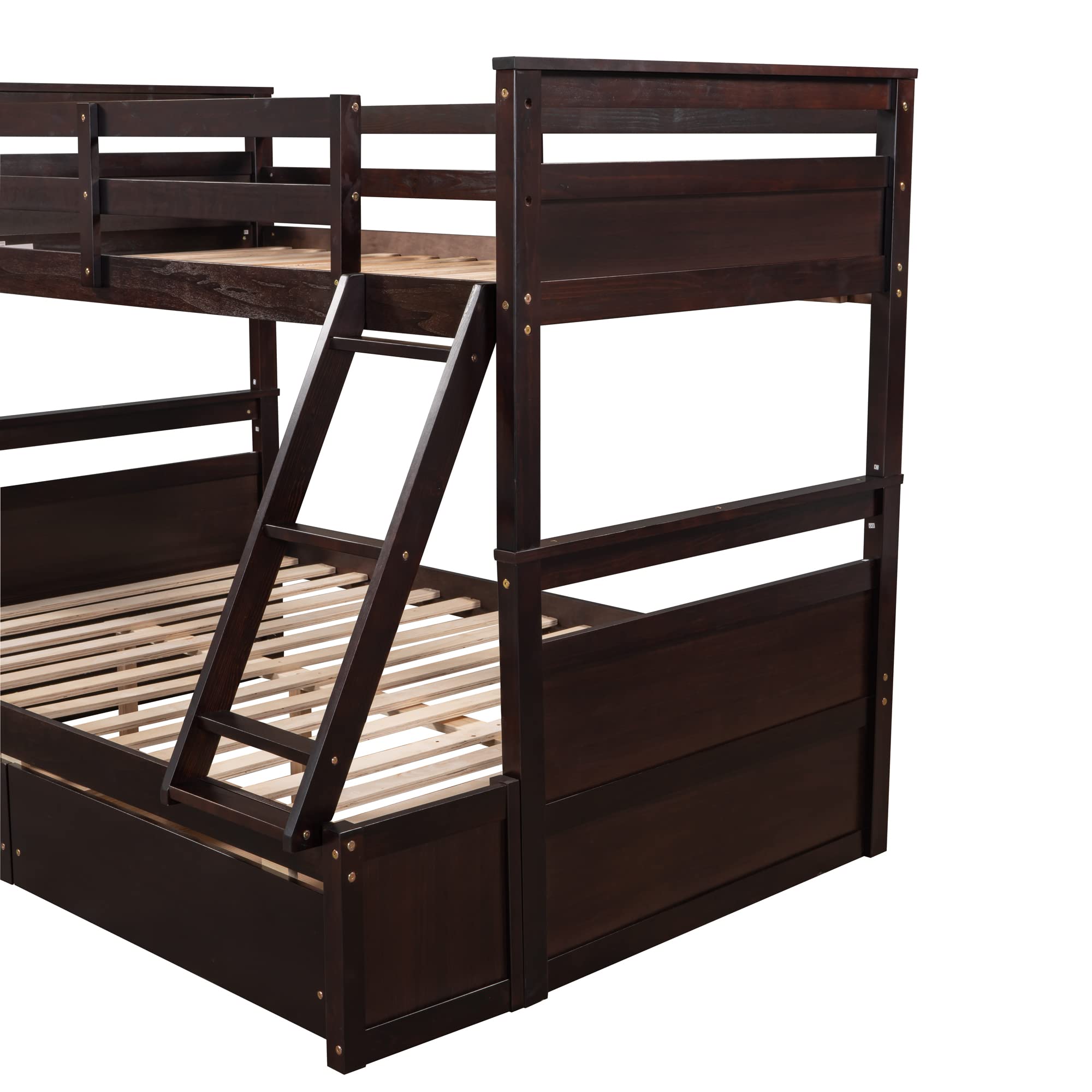 Harper & Bright Designs Solid Wood Twin Over Full Bunk Bed with Storage Drawers, Ladder & Safety Guard Rail - Sturdy Kids, Teens & Adult Bunk Bed in Espresso Finish | Perfect for Small Bedrooms, Guest Rooms & Vacation Homes