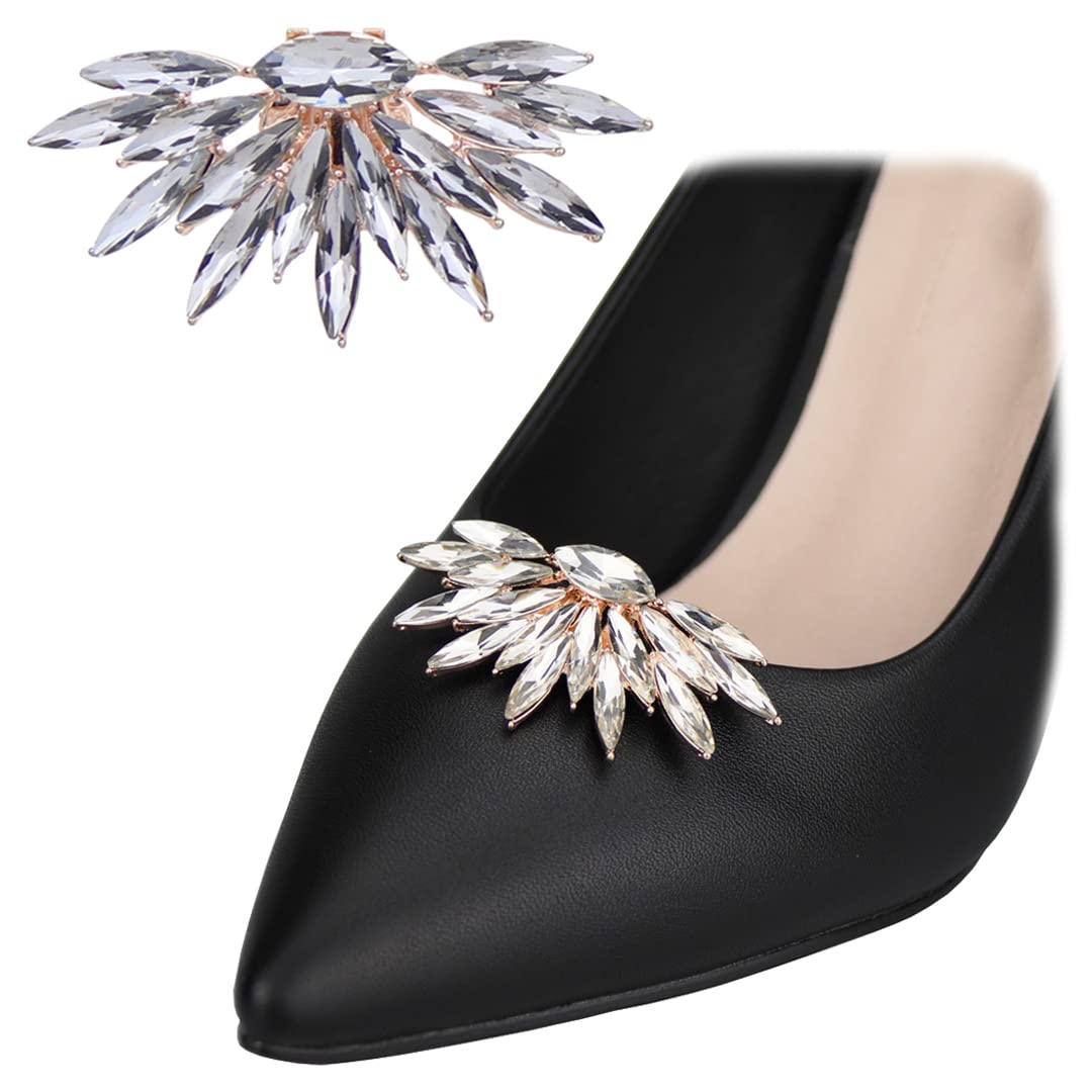 2 Pcs Crystal Feather Shoe Clips - Detachable Metal Shoe Buckles for Women | Elegant Shoe Decorations & Charms for Wedding, Party, Prom | Perfect for Pumps, Flats & Heels - Bridal Accessories & Formal Occasions