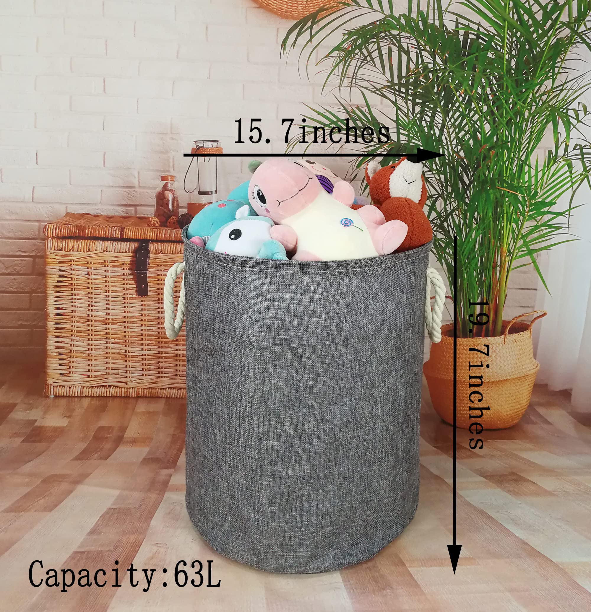 Waterproof Canvas Round Laundry Basket with Handles - Large Clothes Hamper for Kids Room, Nursery Toy Storage & Organization - Cute Cartoon Design (Grey) - Perfect for Baby Clothes, Toys & Home Organization