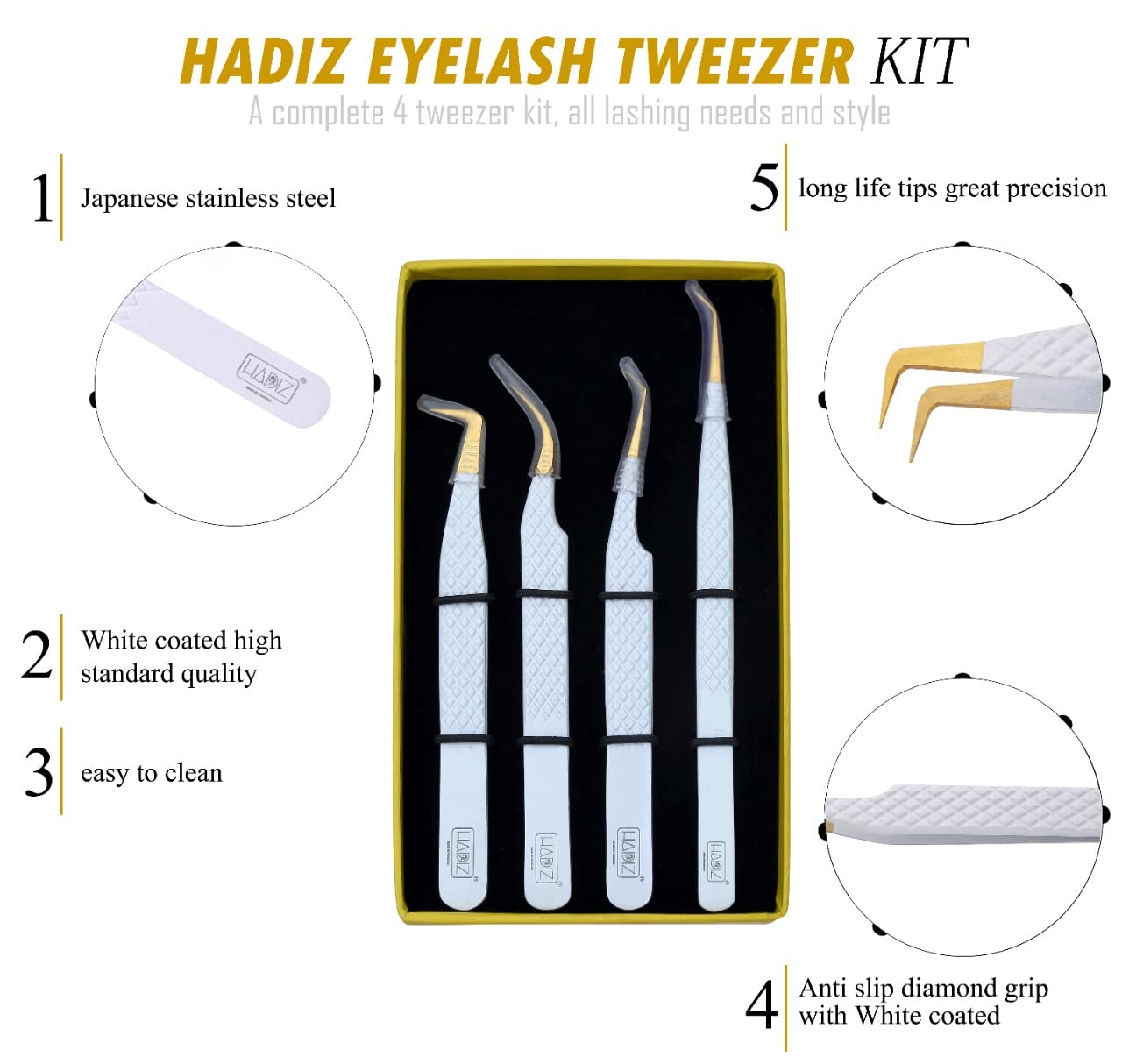 HADIZ 4-Piece Fiber Tip Tweezers Set - Diamond Grip Eyelash Extension Tweezers, Japanese Stainless Steel Lash Tweezers (Cream) - Perfect for Professional Lash Artists & DIY Home Use