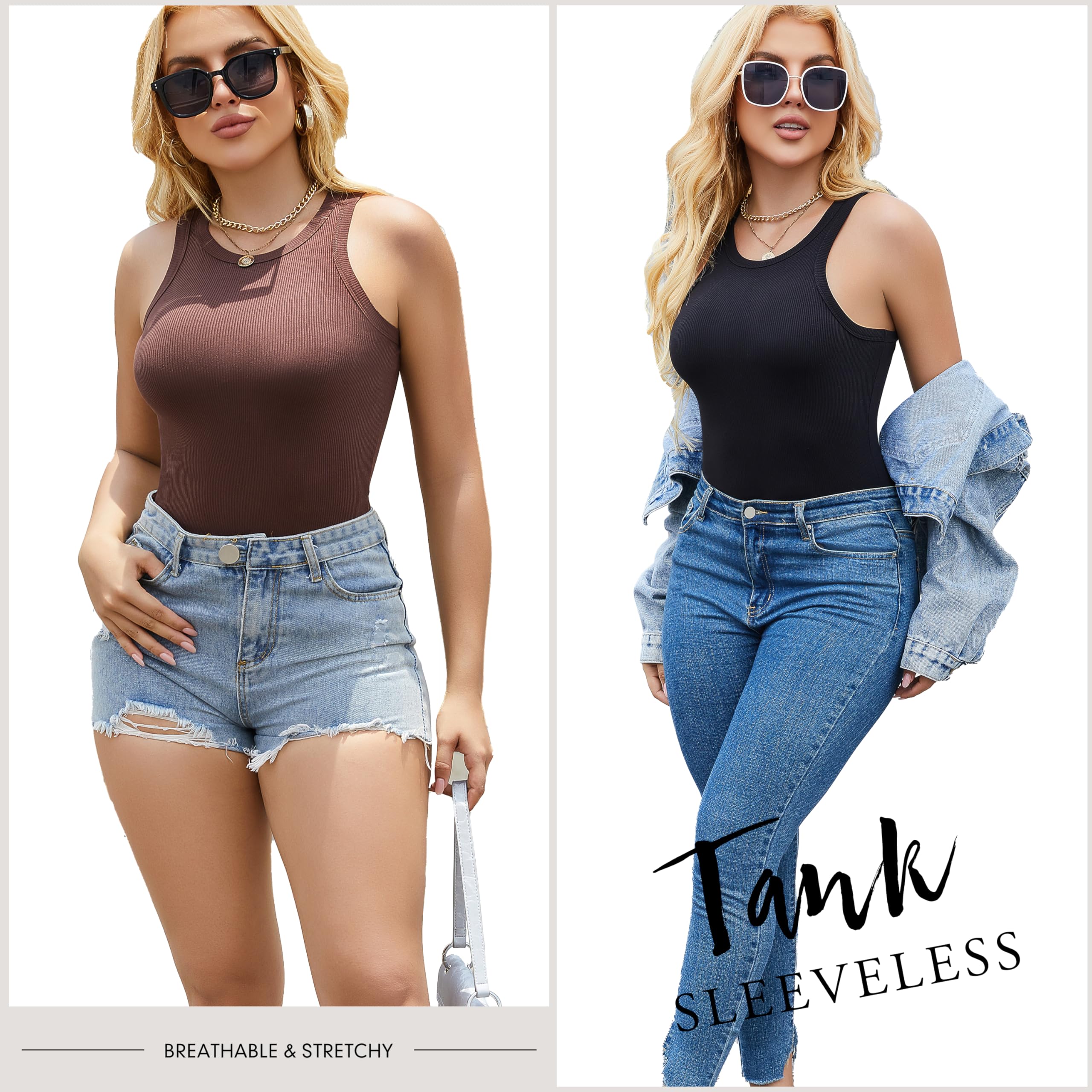 5 Pack Women's Tank Tops - Crew Neck Sleeveless Racerback Fitted Shirts for Summer | Casual Wear, Workout, Yoga & Beach Outfits