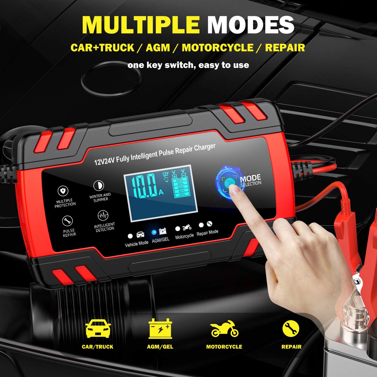 10-Amp 12V & 24V Smart Car Battery Charger - Automatic Charger with Temperature Compensation & Desulfator - Battery Maintainer & Trickle Charger for Cars, Trucks, Motorcycles & Marine Vehicles - Perfect for Winter Storage & Long-Term Battery Maintenance