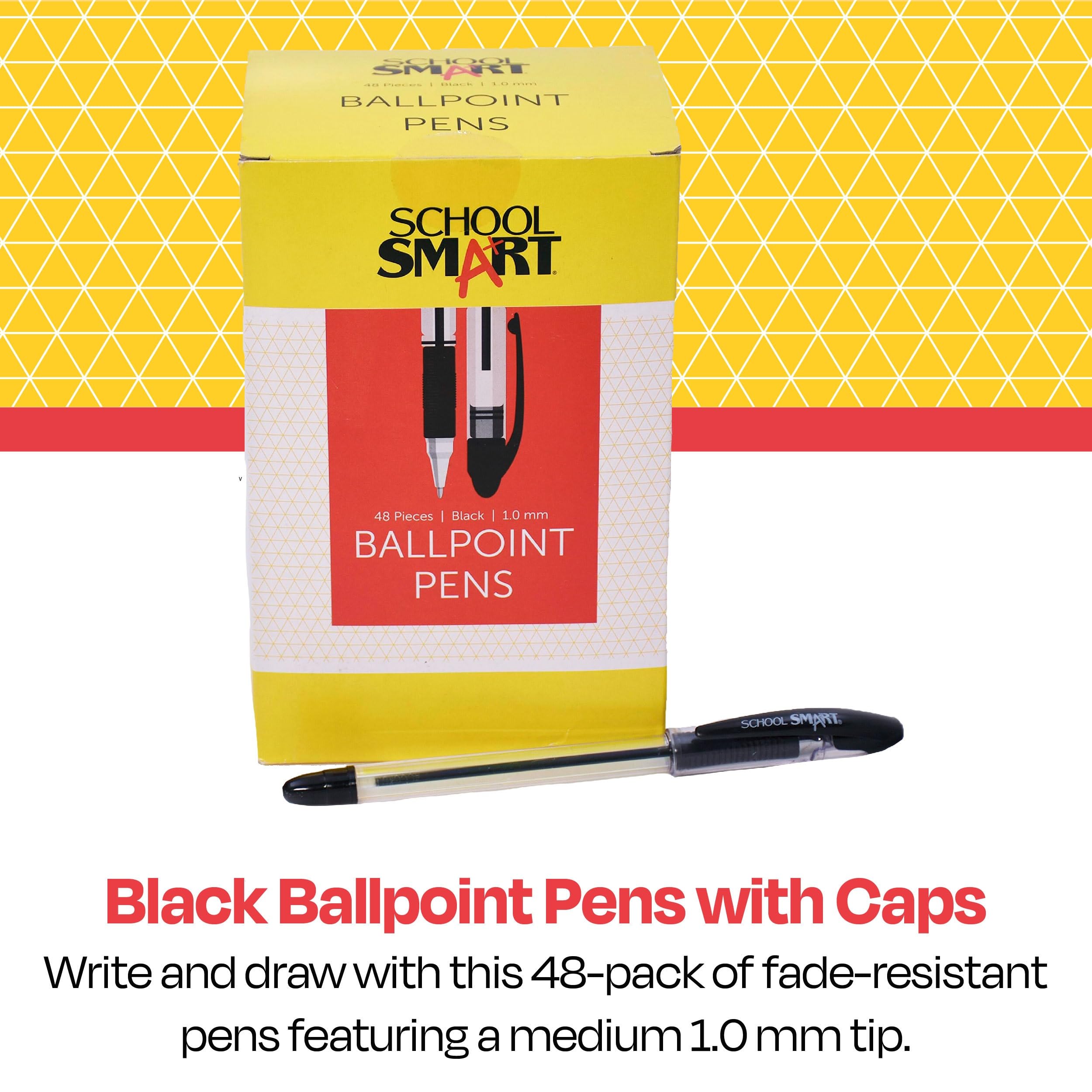 School Smart Ballpoint Pens - Medium Tip, Black Ink, Pack of 48 - Smooth Writing Pens for Office, School & Note Taking