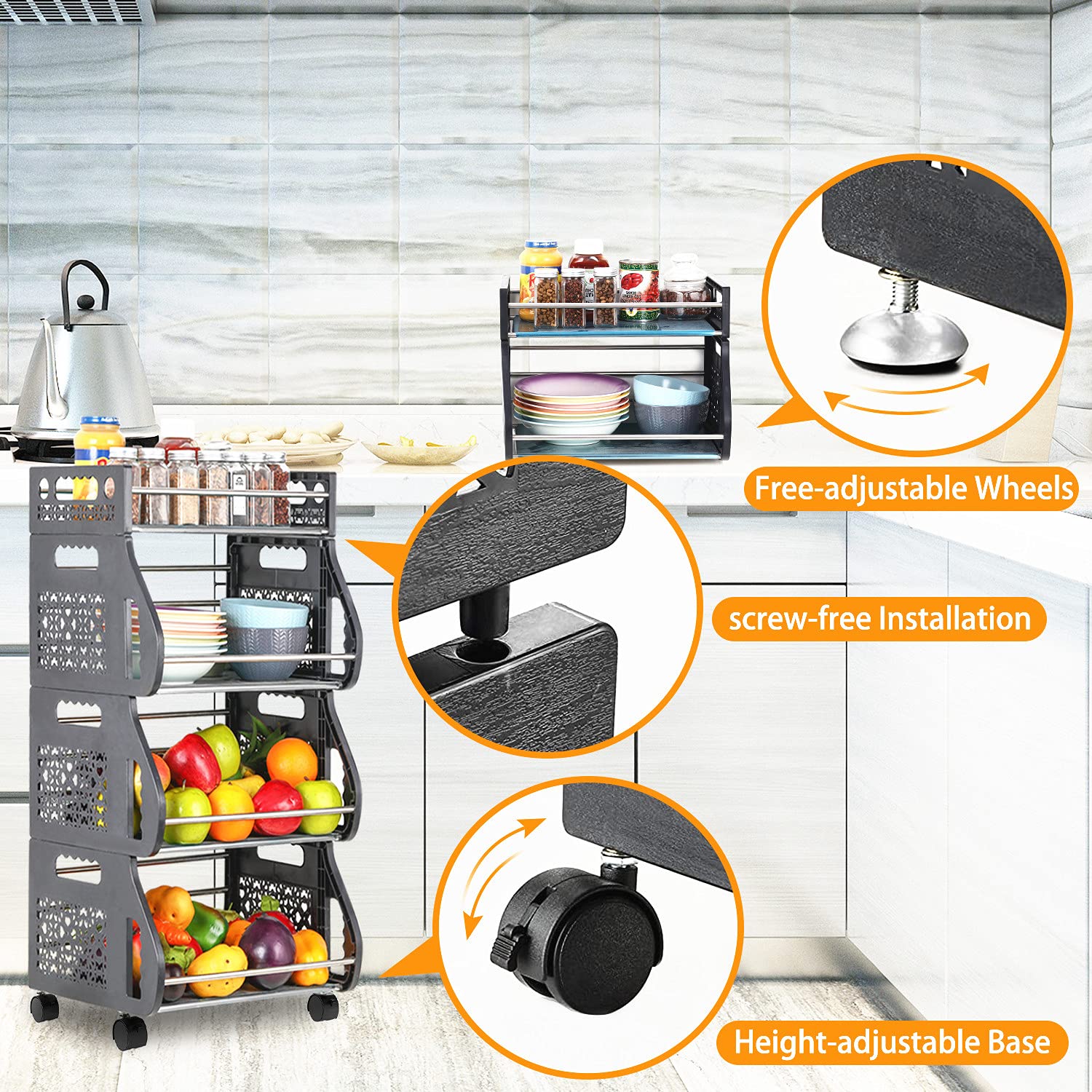 Nandae 4-Tier Metal Rolling Cart Organizer with Wheels - Kitchen Storage Basket for Fruits, Vegetables, Pantry, Bedroom, Bathroom - Ideal for Home, Office, and Dorm Organization