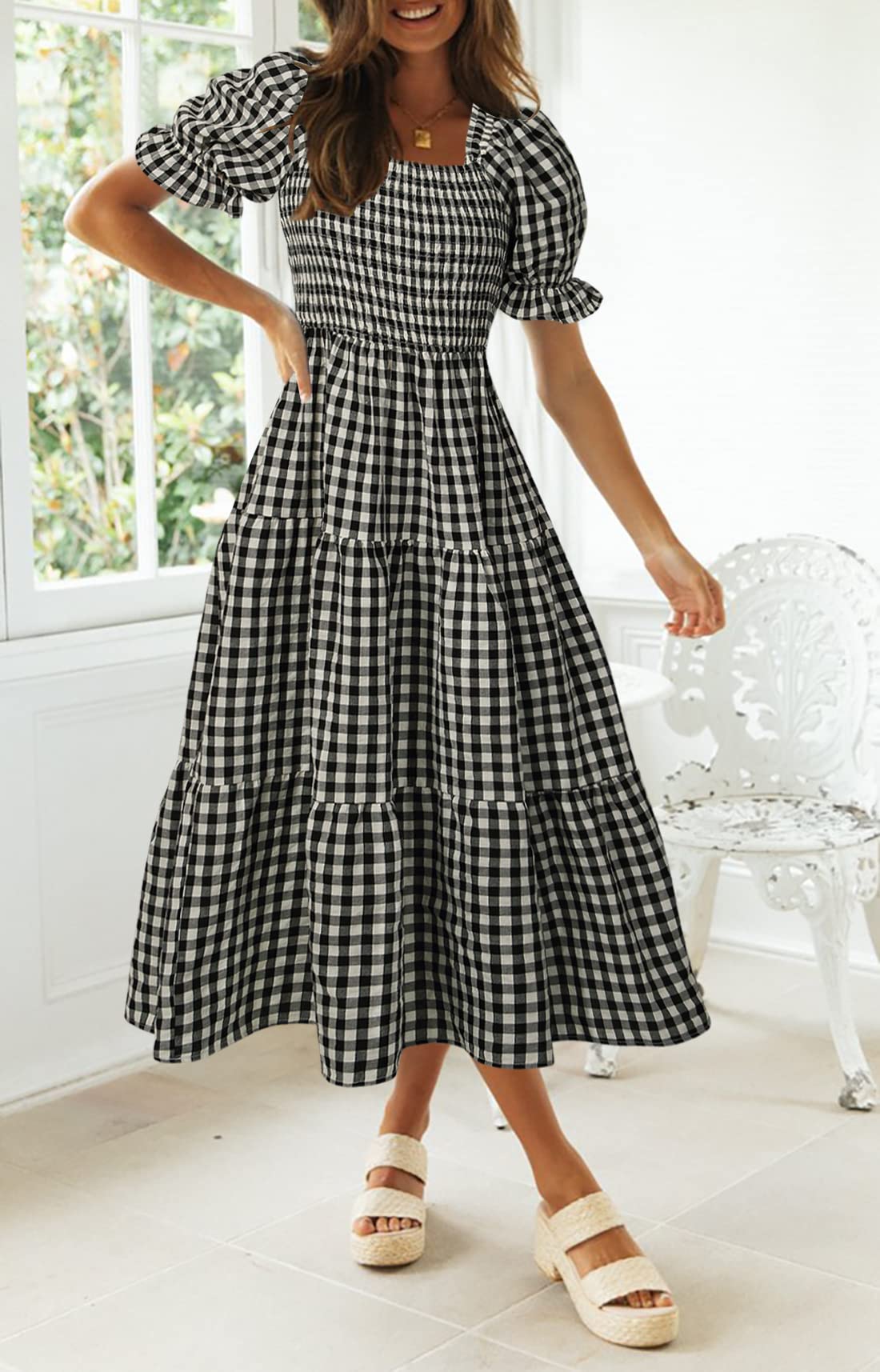 ZESICA Women's 2025 Bohemian Summer Dress - Plaid Square Neck Puff Sleeve Ruffle Flowy Midi Dress for Beach Vacation, Party & Casual Wear