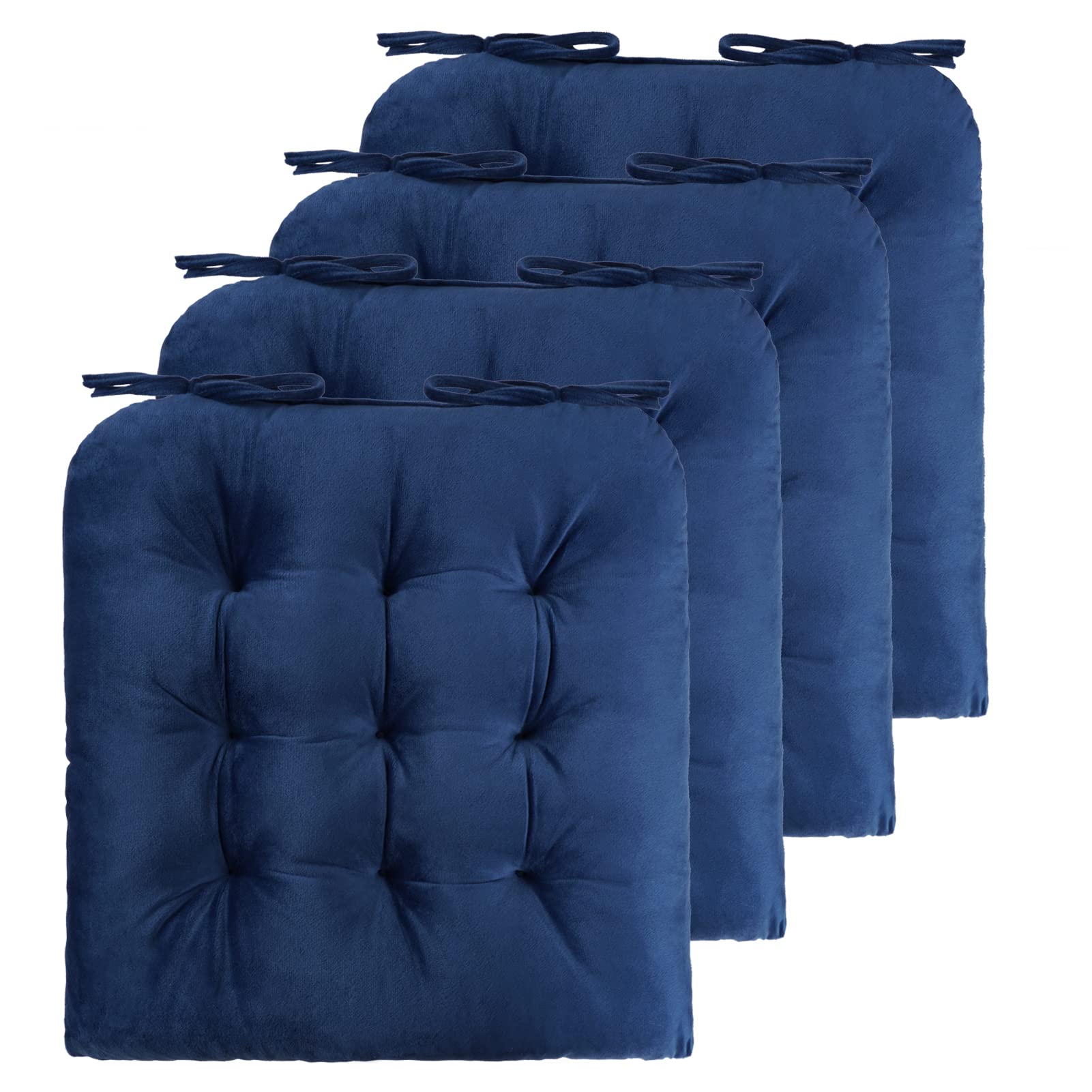 ELFJOY 4 Pack Tufted Square Dining Chair Cushions with Ties - Comfortable Seat Pads for Kitchen, Office, and Dining Room - Navy Blue U-Shape Design for Home and Office Decor