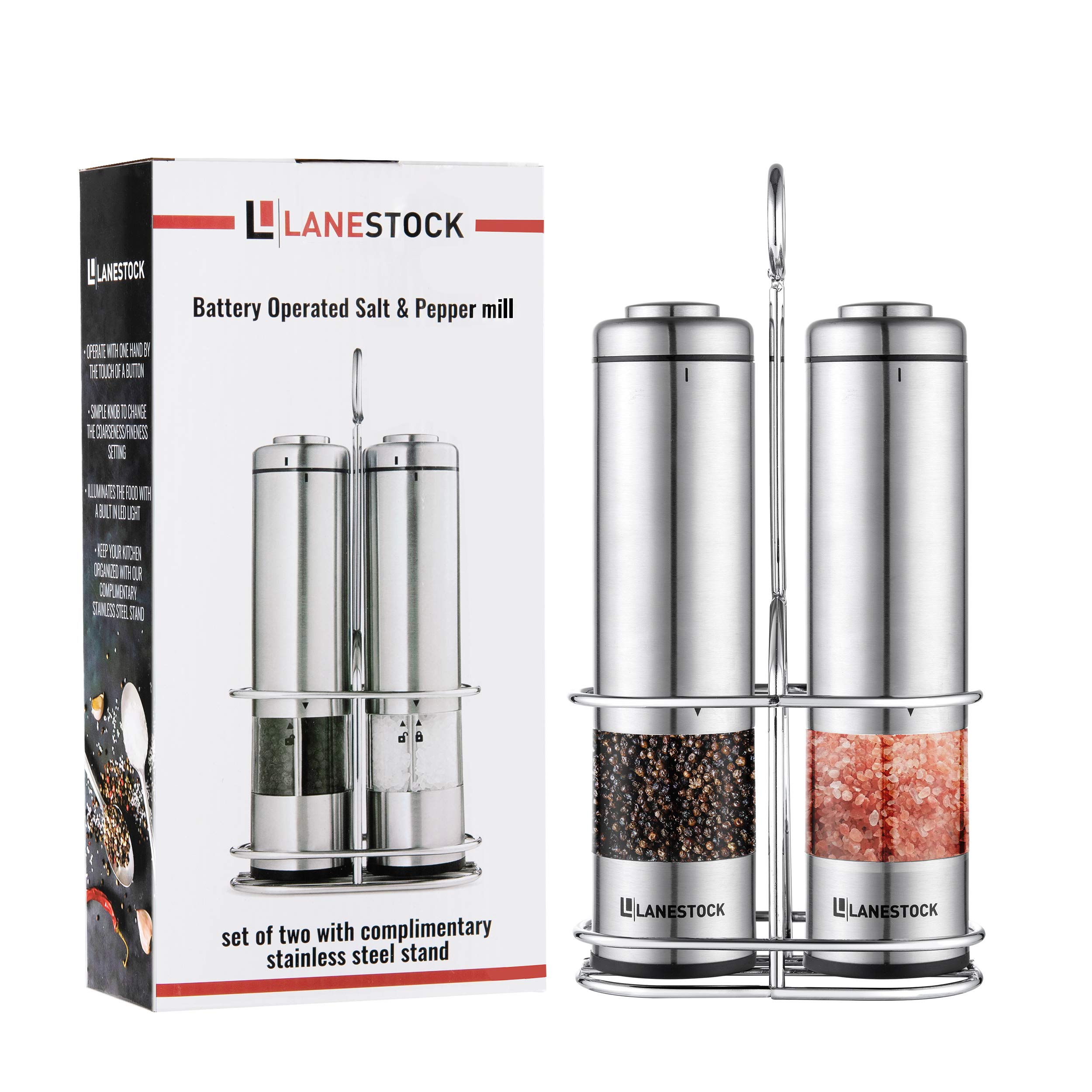 Premium Electric Salt and Pepper Grinder Set by Lanestock - Battery Operated Stainless Steel Spice Mills with Stand - Adjustable Coarseness & Built-in LED Light - Powerful Motor for Long-Lasting Performance - Perfect for Kitchen, Dining Table, and Restaurant Use