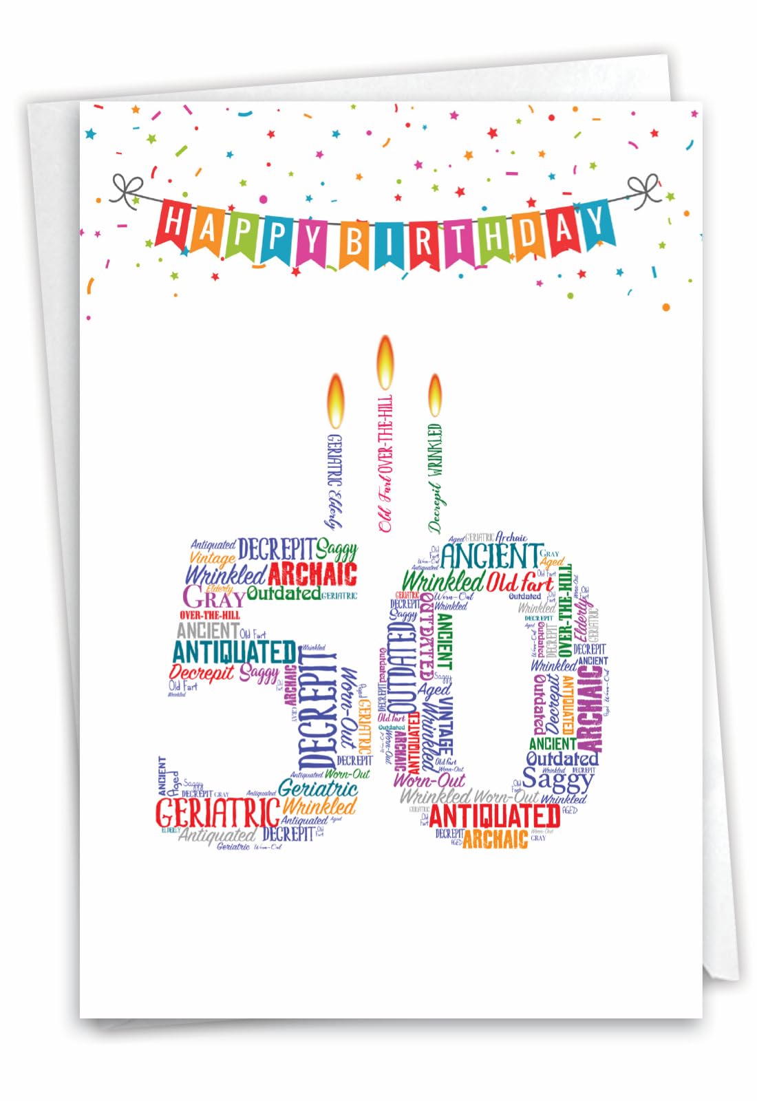 Funny 50th Birthday Card - Milestone 50 Years Celebration Notecard with Envelope - Humorous Word Cloud Design C3249MBG - Perfect for Husband, Wife, Friend & Coworker Birthday Gifts