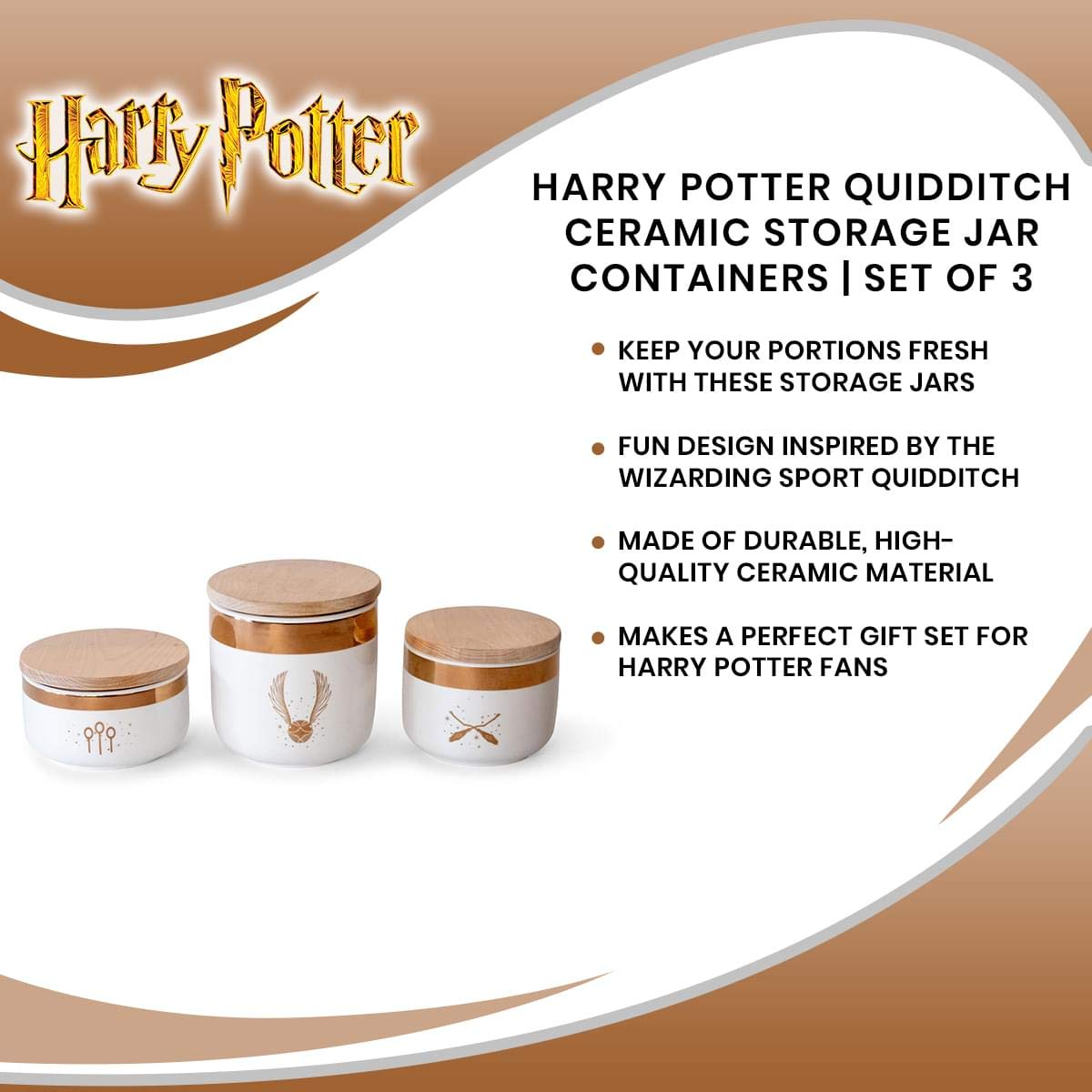 Harry Potter Quidditch Ceramic Storage Jars 3-Pack - Airtight Food Containers for Cookies, Candy, Spice, Flour & Sugar - Kitchen Canisters Set with Lids - Perfect for Harry Potter Fans, Baking & Pantry Organization