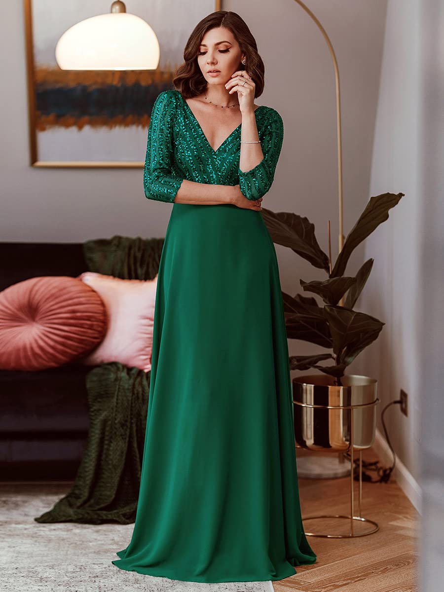 Ever-Pretty Women's Elegant V-Neck Long Sleeve Sequin Maxi Evening Dress - Formal Chiffon Gown for Prom, Wedding & Special Occasions