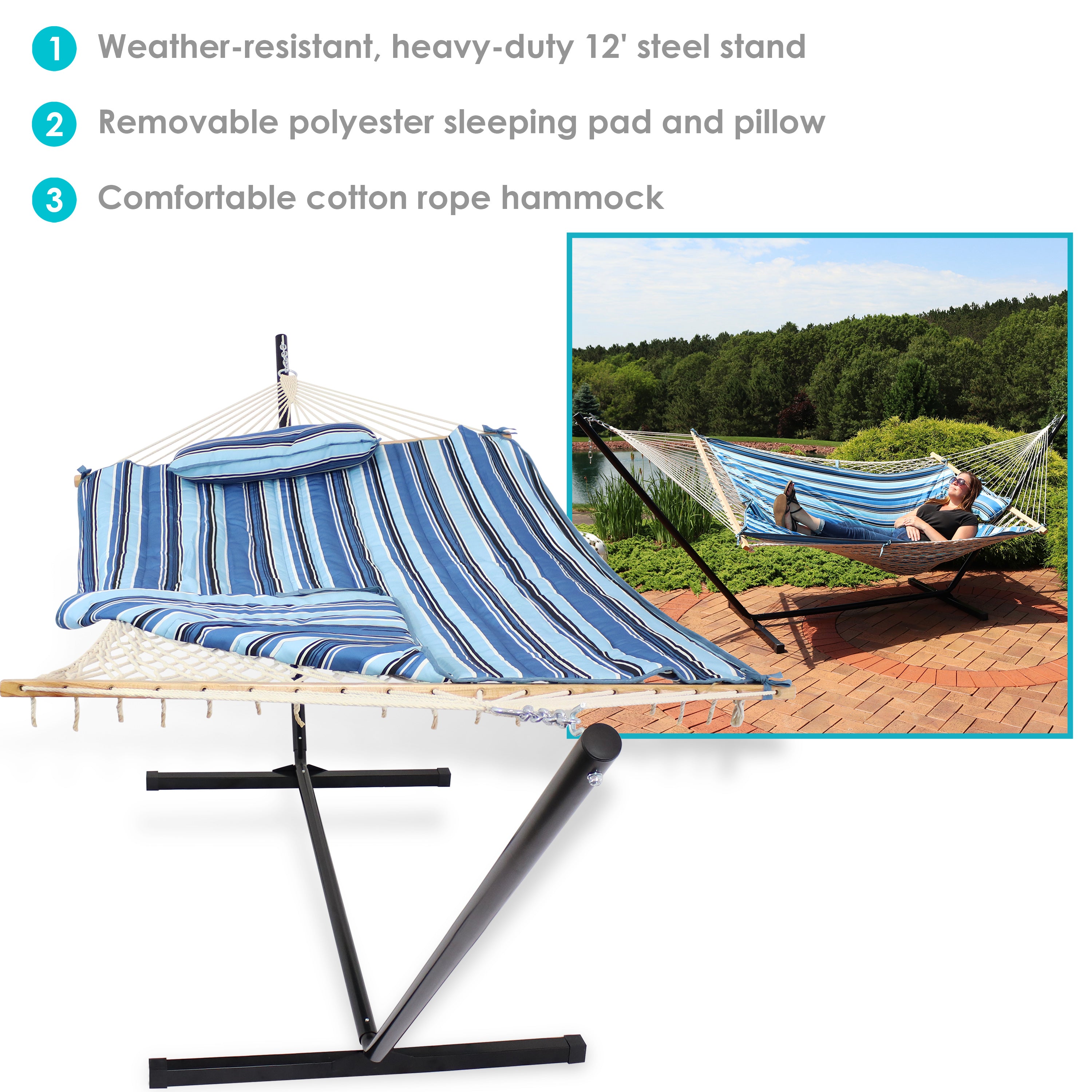 Premium Sunnydaze Rope Hammock with 12-Foot Steel Stand, Comfortable Pad & Pillow - Perfect for Backyard Relaxation, Beach Lounging & Outdoor Camping
