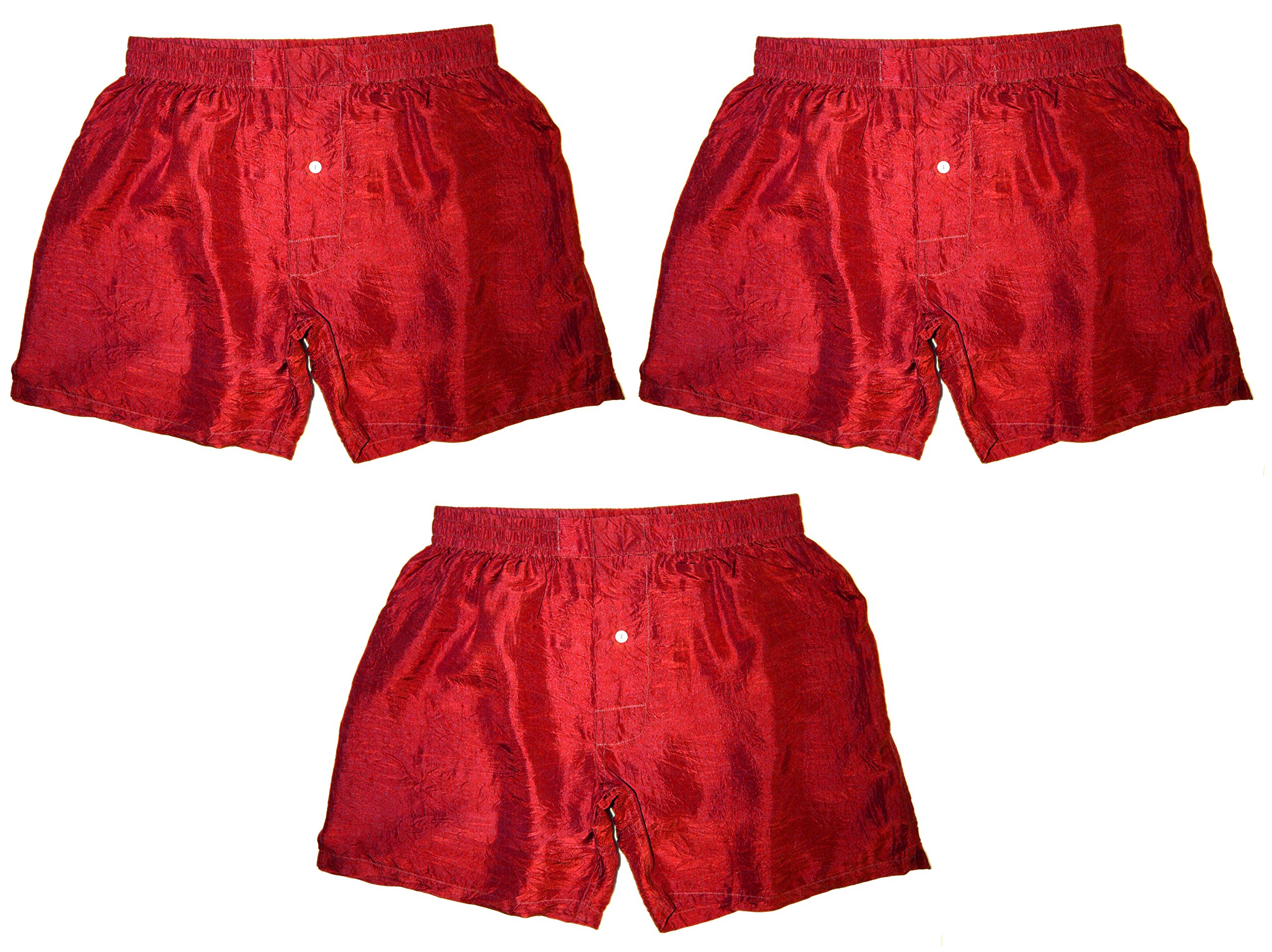 Premium 100% Pure Silk Boxer Shorts for Men - Deep Red Luxury Underwear Set of 3 (S-3XL) - Soft Breathable Sleepwear & Loungewear for Comfort & Style