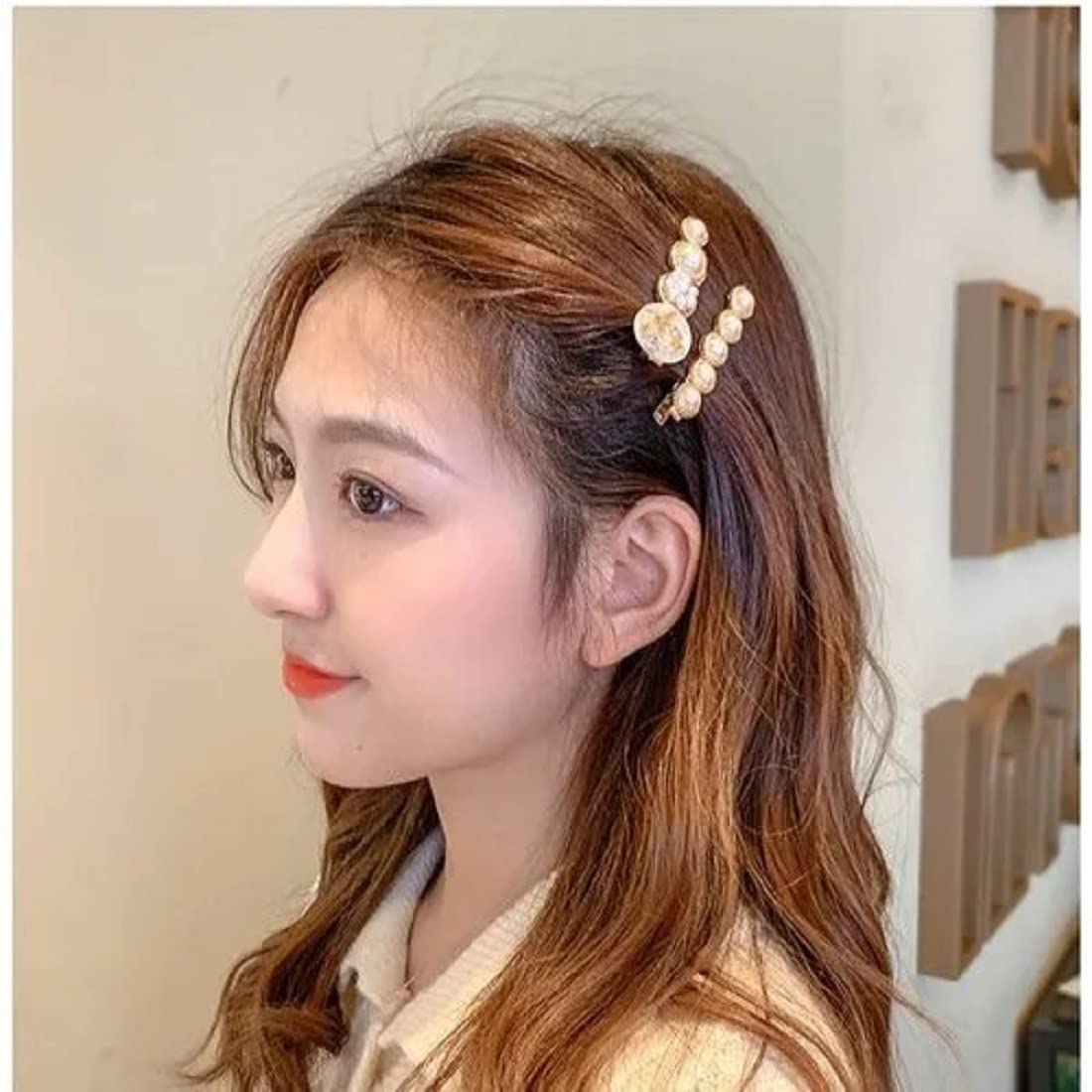 COSMOS STAR™ Korean Style Acrylic Hair Clips - White Pearl & Pink Stone Barrettes for Women, Girls Hair Accessories | Wedding, Party, Office & Daily Use Hair Styling Tools