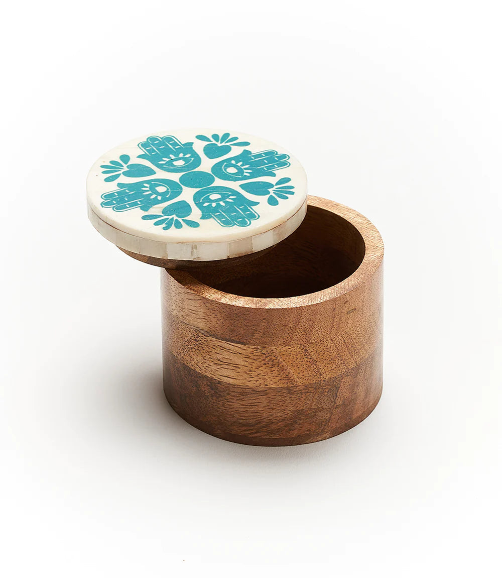 Hamsa Hand Round Keepsake Box - Jewelry Storage Organizer for Necklaces, Rings & Bracelets - Spiritual Gift for Home Decor & Meditation Space