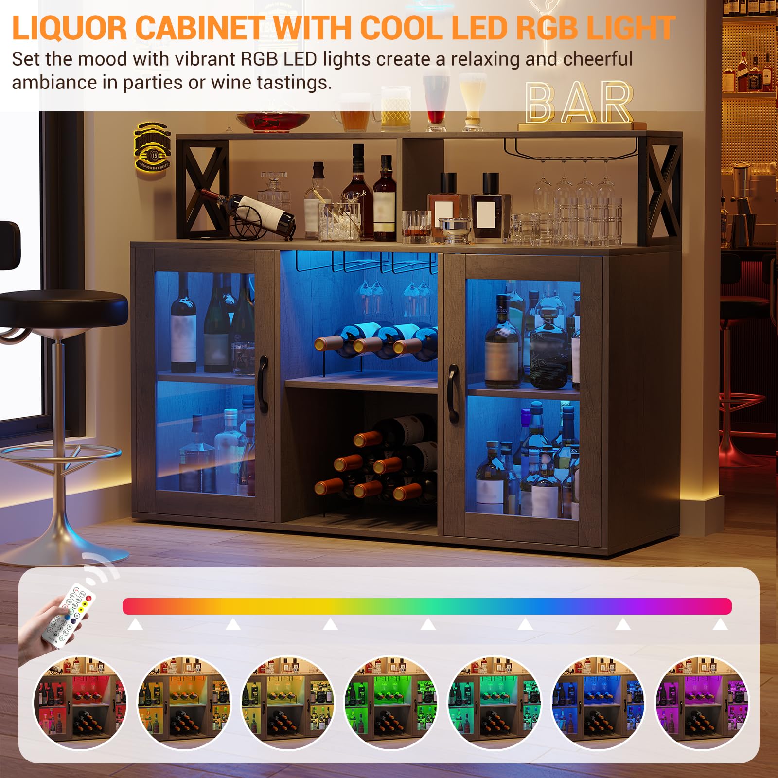 Retro Gray Bar Cabinet with Power Outlets, LED Lights & Glass Holder - Wine Storage Cabinet with Racks for Home & Kitchen - Perfect for Entertaining, Dining Rooms & Man Caves
