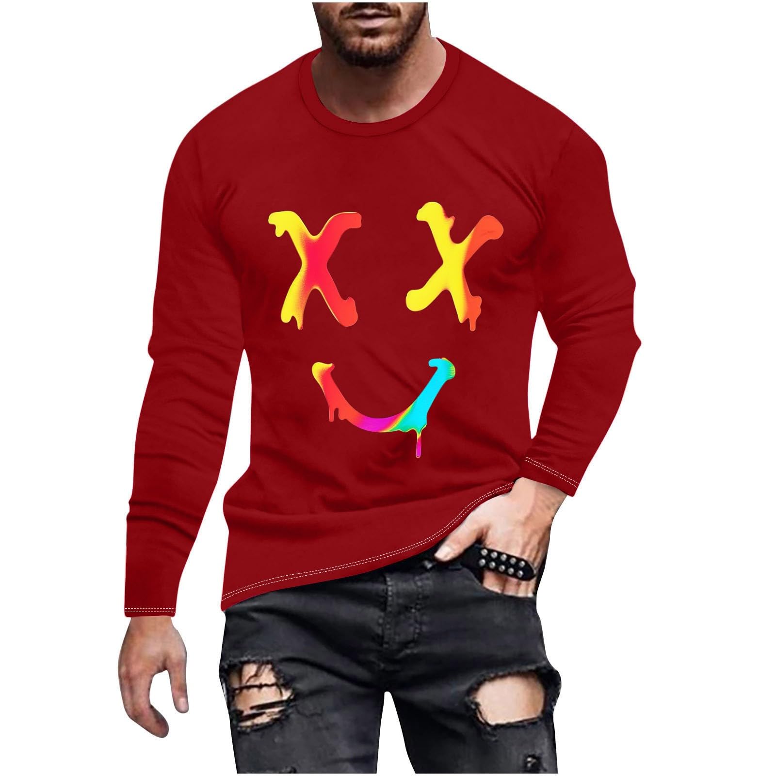 Funny Smiley Face Graphic T-Shirts for Men - Long Sleeve Novelty Tees - Streetwear Casual Tops for Everyday Wear & Outfits