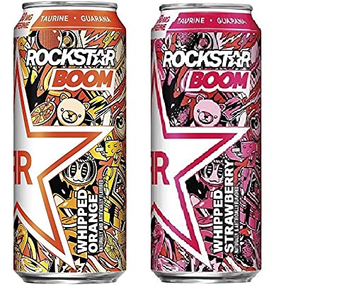 Rockstar Boom Energy Drink Variety Pack - Whipped Orange & Whipped Strawberry Flavors (16oz, 12 Cans) | Perfect for Workouts, Gaming & All-Night Study Sessions