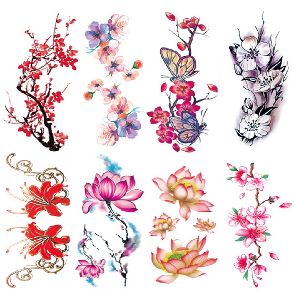 8 Pcs Large Flower Temporary Tattoos for Women & Girls - Waterproof Fake Body Stickers (Rose, Blue Rose) - Perfect for Parties, Festivals & Summer Beach Looks