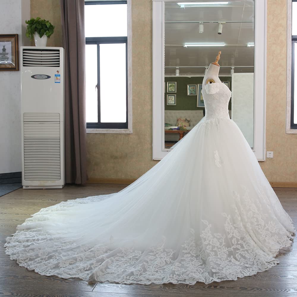XYAYE Off Shoulder Lace Tulle Wedding Dress for Bride - Puffy Ball Gown with Long Train | Perfect for Church Ceremony, Beach Wedding & Formal Reception