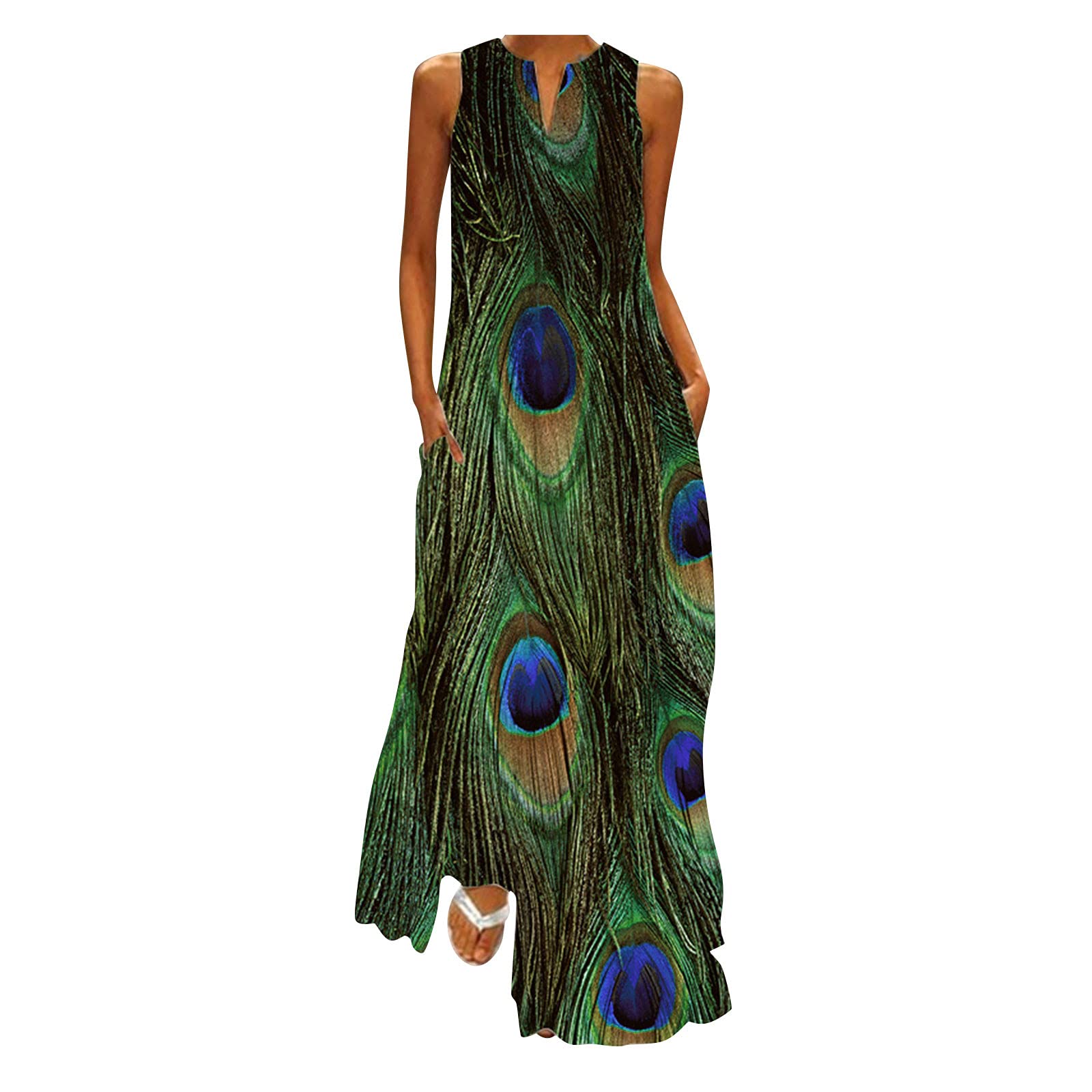 ETHKIA Women's Sexy Summer Dresses 2023 - Flowy V-Neck Boho Print Maxi Dress for Beach, Vacation & Casual Wear | Lightweight Breathable Fabric for Hot Weather